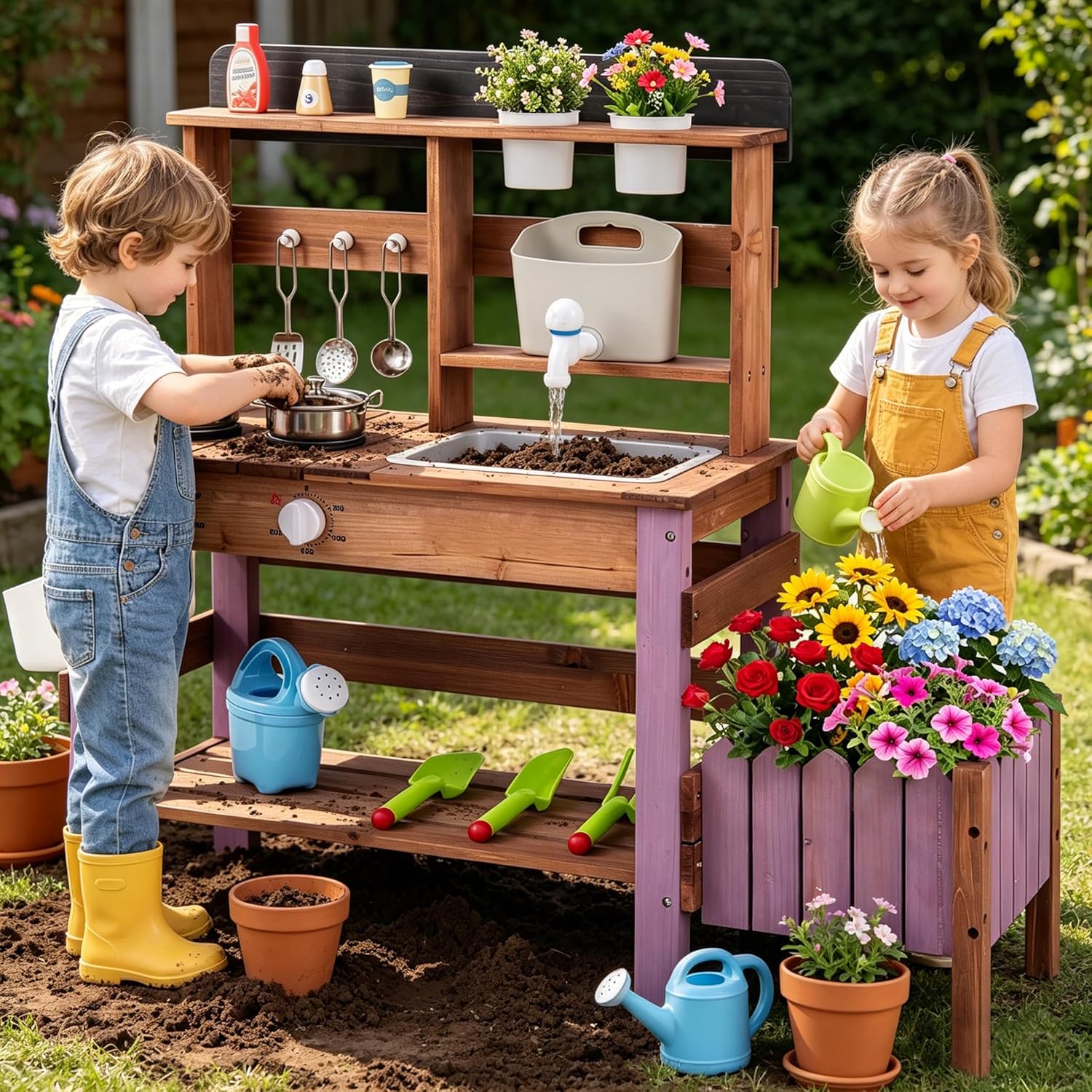 HONEY JOY Mud Kitchen with Planter Box and Running Water, Fir Wood Kids Potting Bench Mud Table, Water Tank & Gardening Tools Set, Sensory Outdoor Play Kitchen for Toddler Girls Boys(Purple)