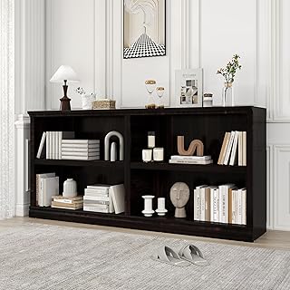 Double Wide Open Shelf Bookcase - 2 Tiers 4 Storage Cube Adjustable Space Book Case, Display Cabinet Organizer with Bookshelf, 64.8 inch Width Indoor Furniture for Home Library Office, Dark Cherry