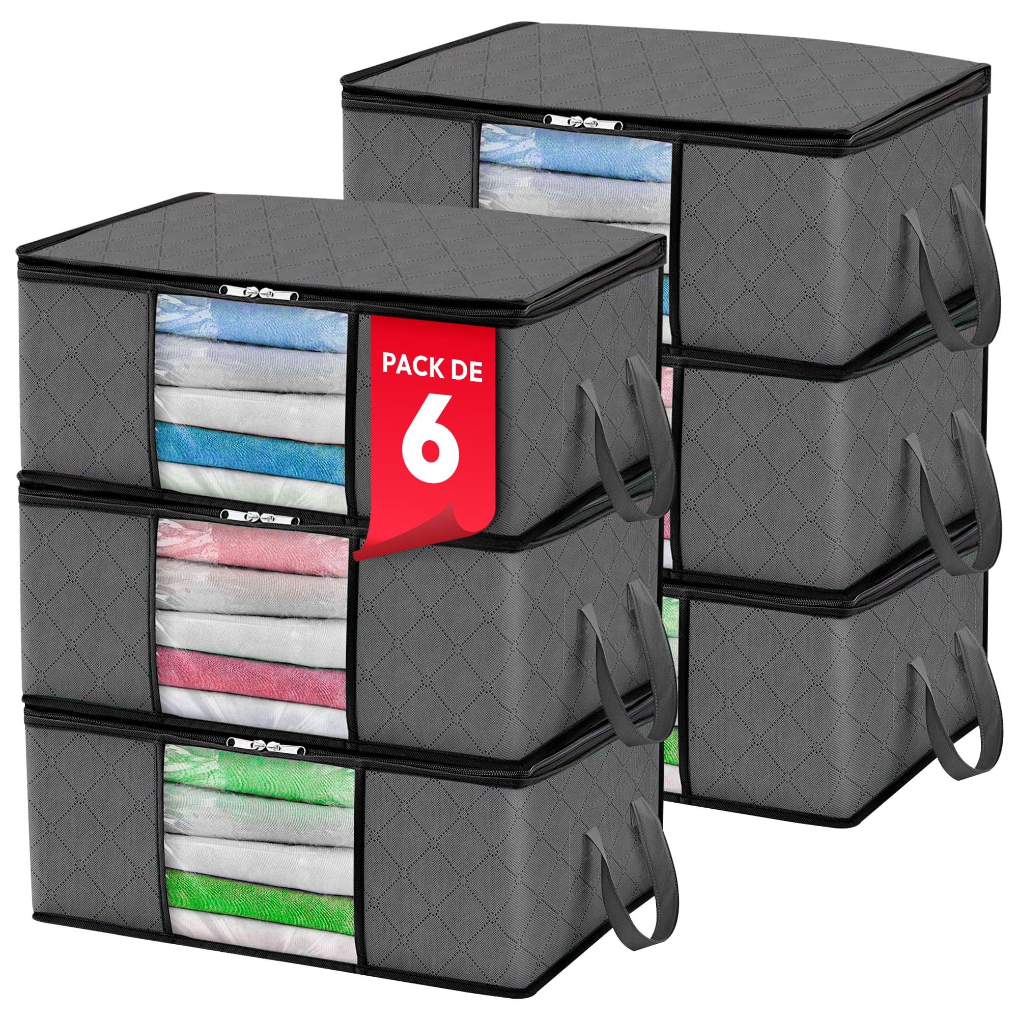 JUPPLIES Cajas Almacenaje Ropa 35L - 35.5x50x18.5cm - Cajas Organizadoras con Ventana Transparente, Cremallera Bidireccional y Asas Reforzadas, Bolsas para Guardar Ropa (Pack 6-35L cada unidad)