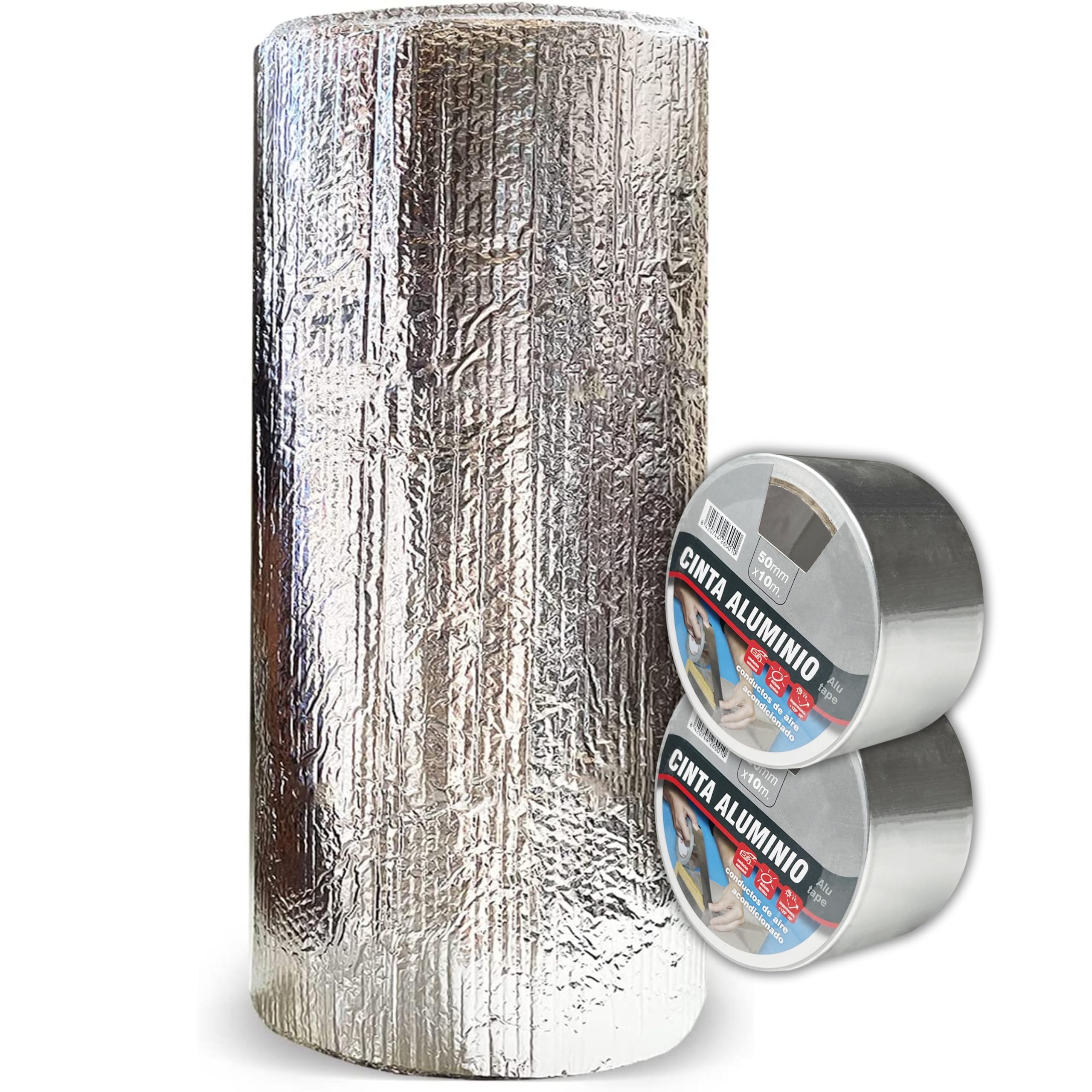 Aislante Térmico Reflexivo de Aluminio y Burbujas 0.5x25 m (12.5 m²) + 2 Rollos Cinta de Aluminio 50 mm x 10 m - Frío y Calor - Viviendas, Caravanas, Campers, Buhardillas, Uso Industrial