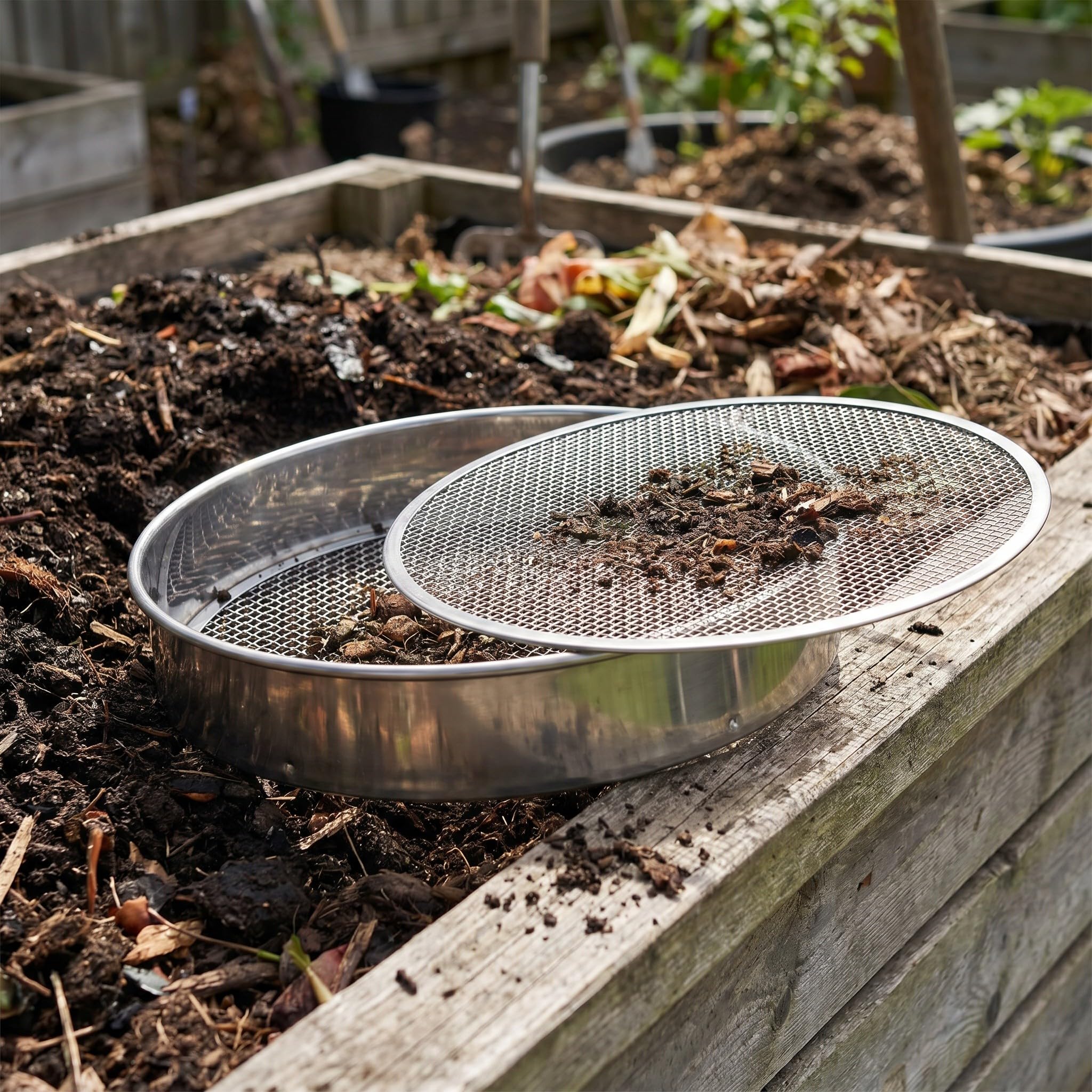 Lurrose 1 Set Setaccio per terriccio da giardino, setaccio da giardino in acciaio inox con rete di ricambio da 3, 6, 9, 12 mm per setacciare terriccio, sabbia, ghiaia e terra.