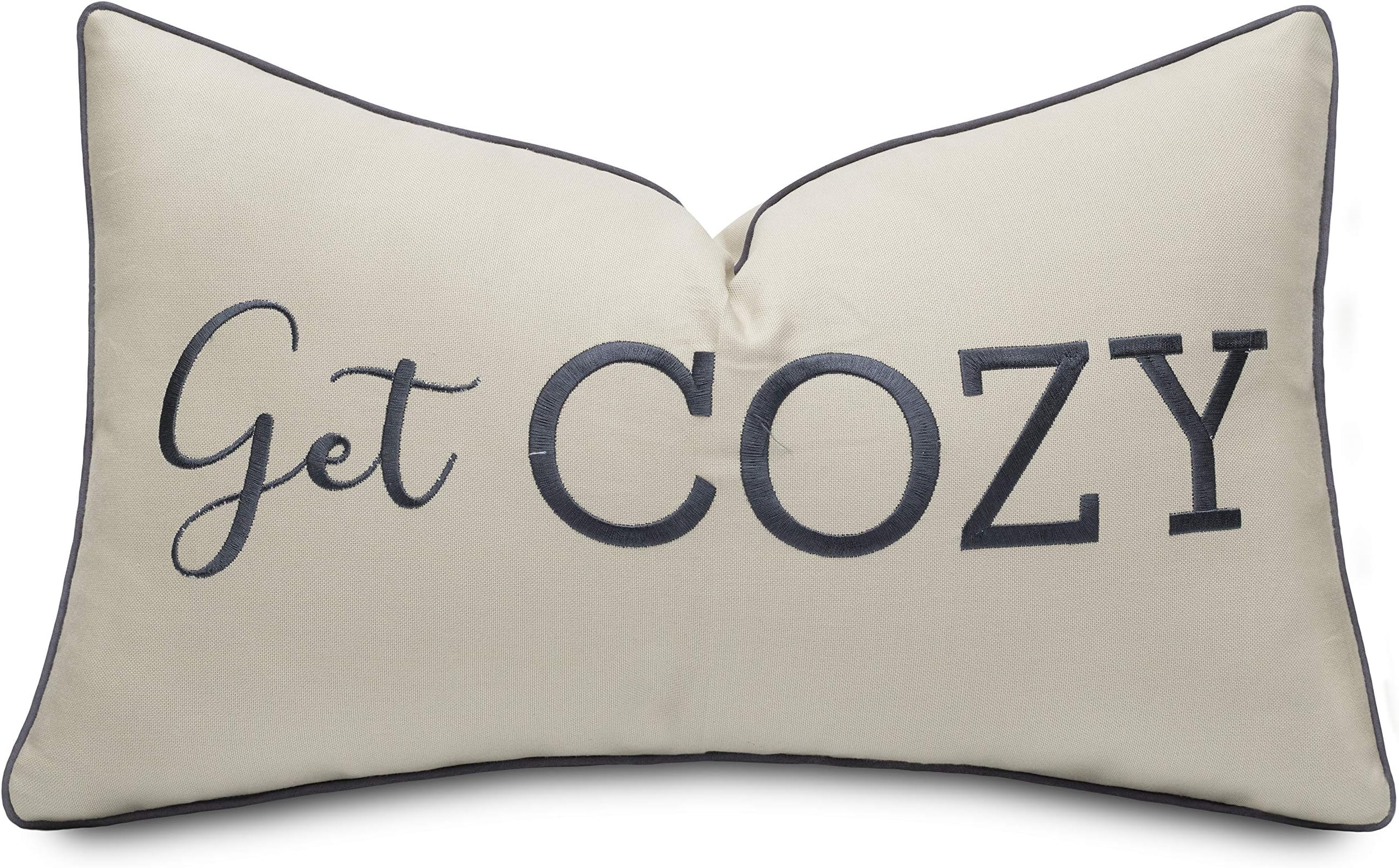YugTex Get Cozy Sentiment Embroidered Lumbar Accent Throw Pillow Cover - 12x20, Natural