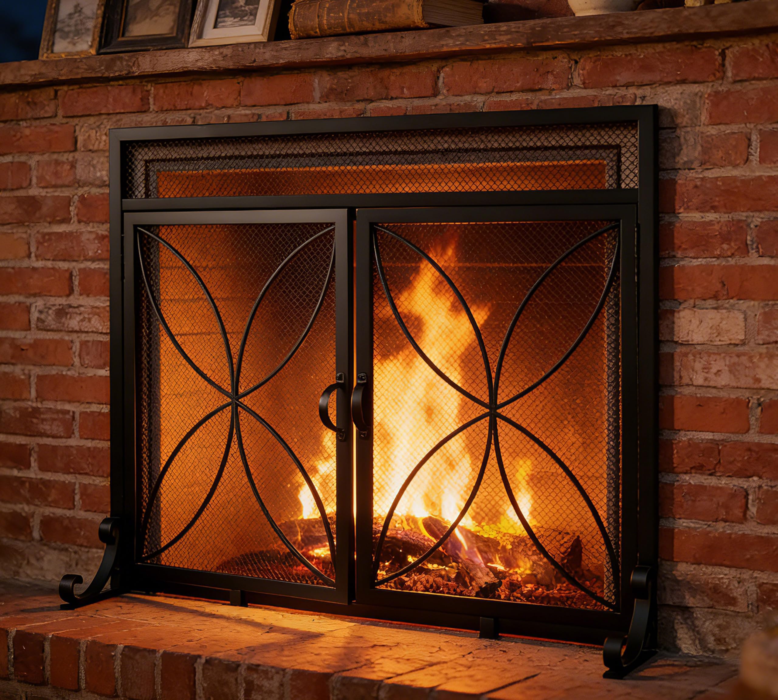 Fire Beauty Fireplace Screen with Magnetic Doors,Large Metal Fire Place Screen for Home,Spark Guard,Metal Furnace Fireguards,Baby Safe Spark Guard Protector,Black