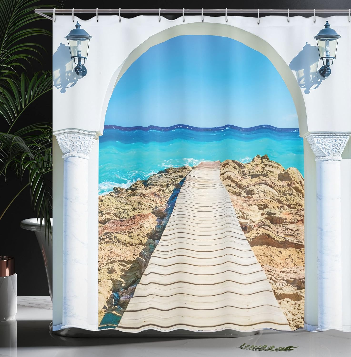 Ambesonne Coastal Shower Curtain, View from an Open Window Curve on The Sea with a Quay Wooden Coastline, Cloth Fabric Bathroom Decor Set with Hooks, 69" W x 70" L, Aqua Cream Blue