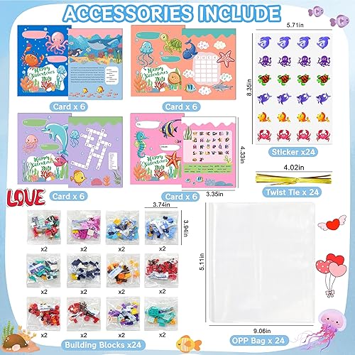 Miniatura 4 de Bestbase Regalos para el día de San Valentín para niños, 24 paquetes de bloques de construcción de animales marinos con tarjetas de San Valentín