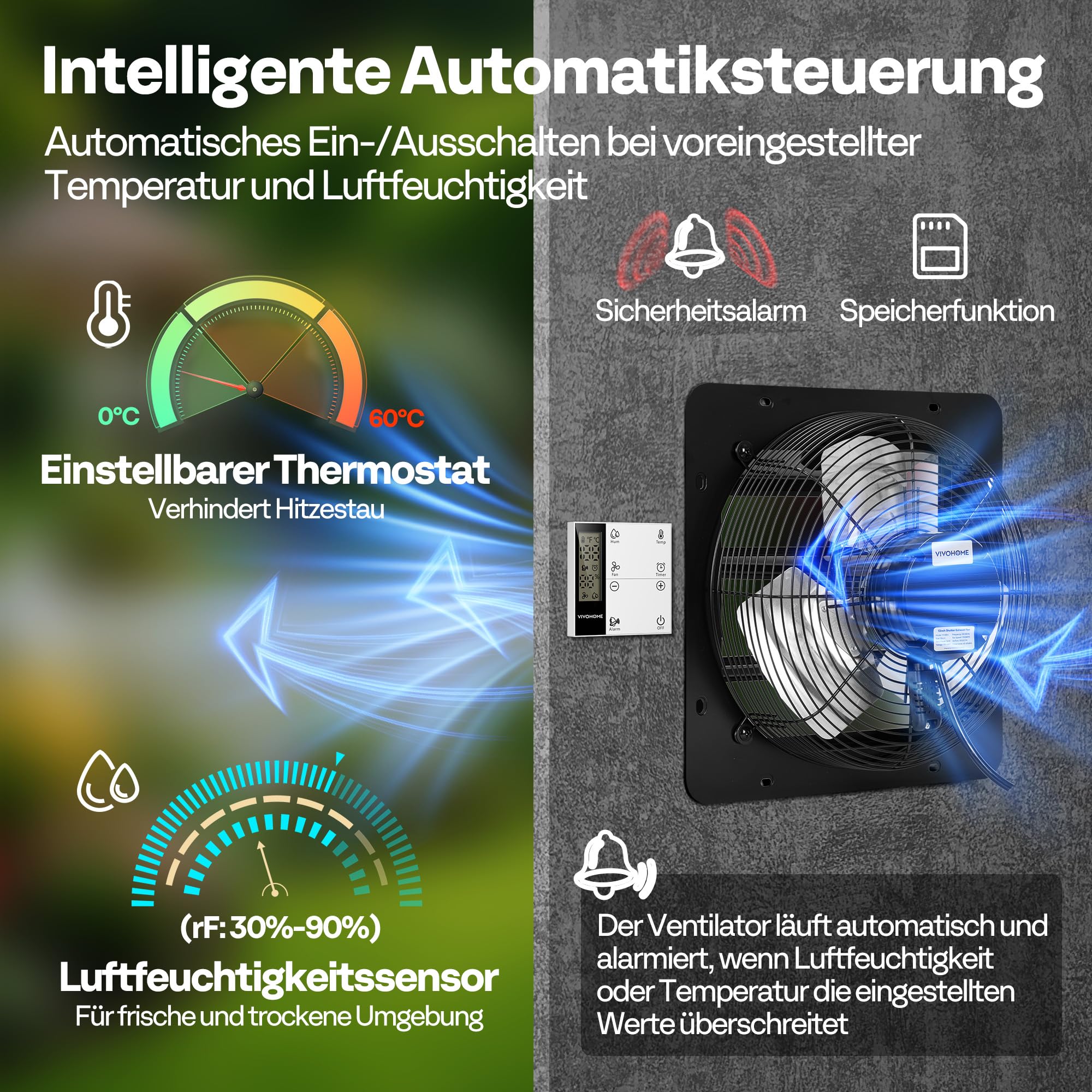 VIVOHOME 300mm Abluftventilator Industrie Wandventilator EC Motor 1305m³/h Timer Einstellbare Geschwindigkeit