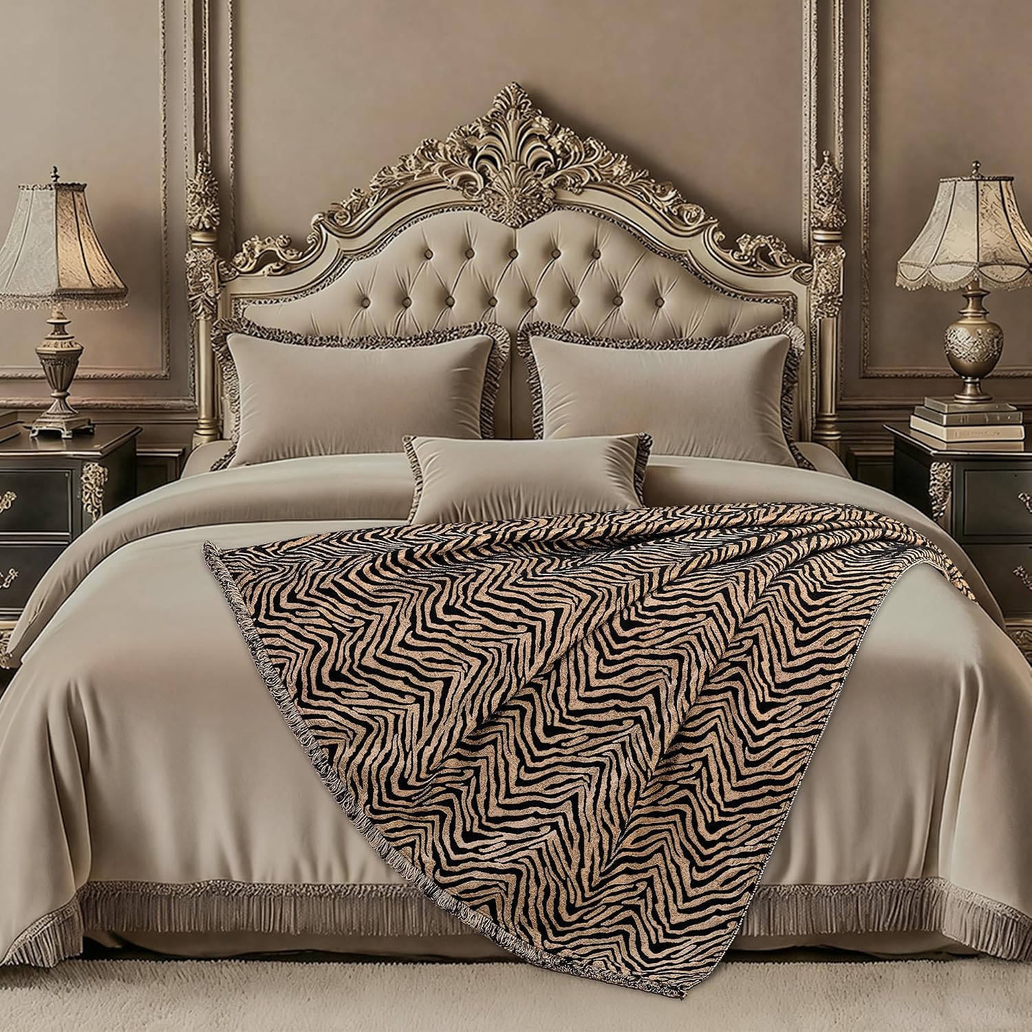 Luxury Zebra Print Throw Blanket for Couch, Animal Zebra Stripes Chenille Jacquard Weighted Blanket with Fringe for Bed Chair Living Room, Stylish Gold Black Fall Blanket(52”x 72”,Black&Gold)