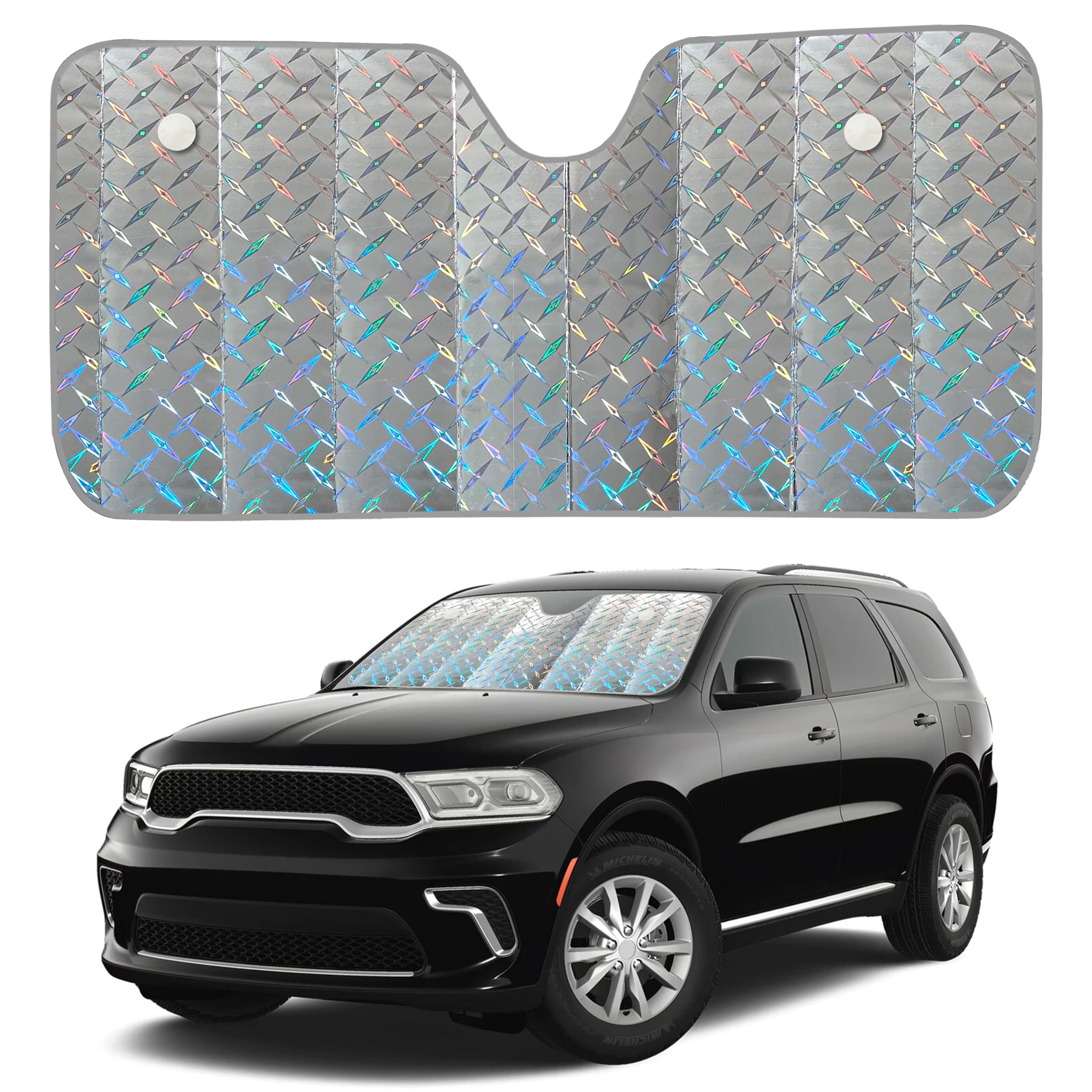 Photo 1 of EcoNour Large Holographic Car Windshield Sunshade | UV & Heat Reflector Sun Shield for Cars | Foldable Accordion Design | Fits Sedans, Hatchbacks | Large - 58 x 27.5 Inches