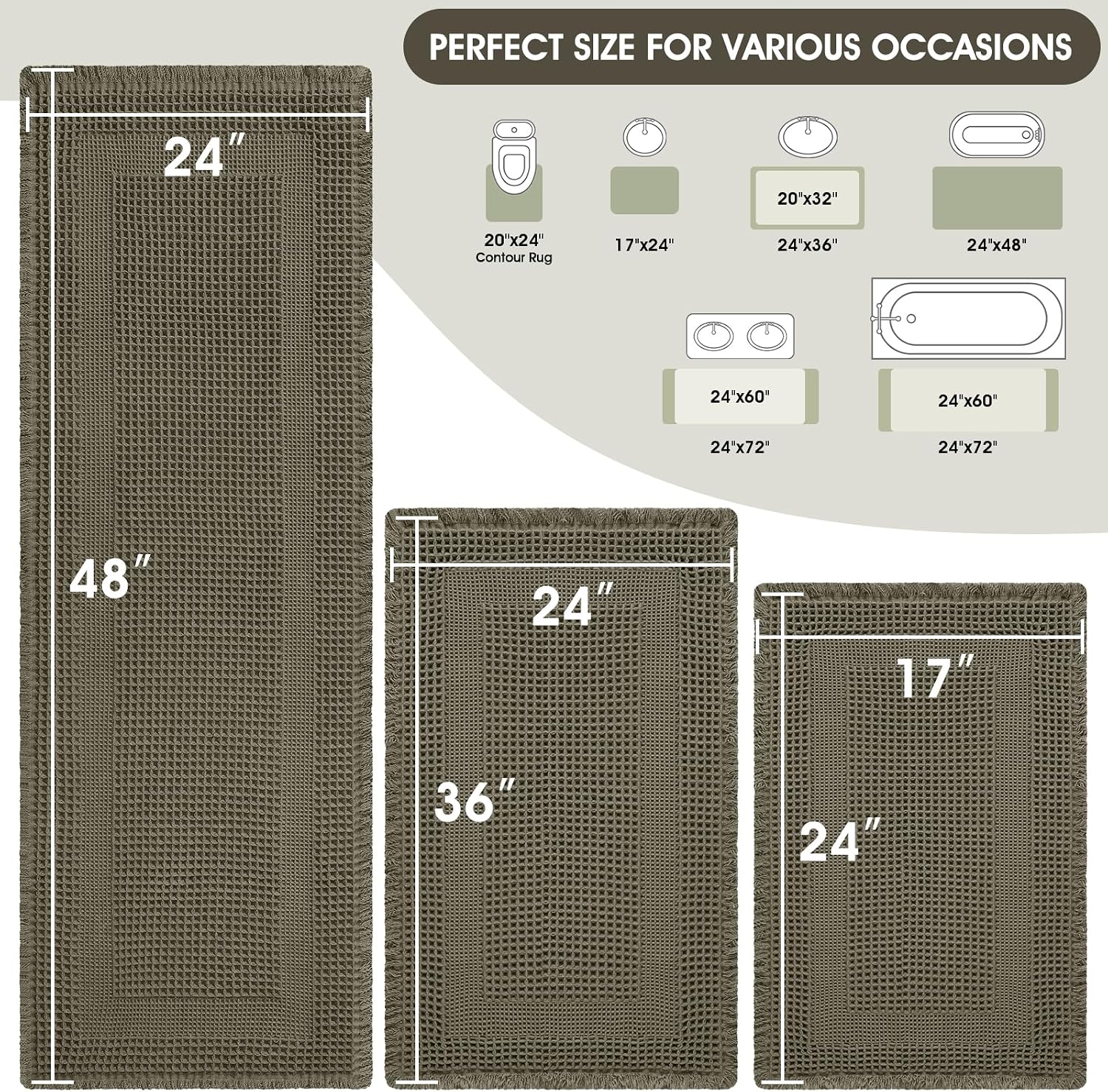 Upgraded Waffle Bath Mat Set 3 Piece Greyish Green-Looped, Super Absorbent Non-Slip Quick Dry Bathroom Rugs with Tassels, Machine Washable Ultra Soft Boho Bath Rugs, Toilet Mats Boho Farmhouse Decor
