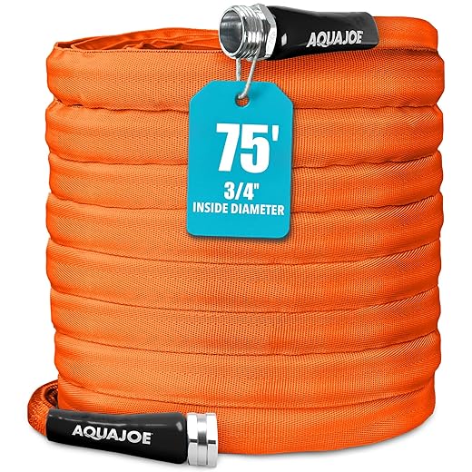 Aqua Joe AJFJH75-34-CTR Kink-Free Contractor Grade FiberJacket Garden Hose, 3/4-in Max. Water Flow, 650-PSI Burst Rating, BPA/Phthalate, Drinking Safe, For Garden, Auto Care, 75Ft, Orange