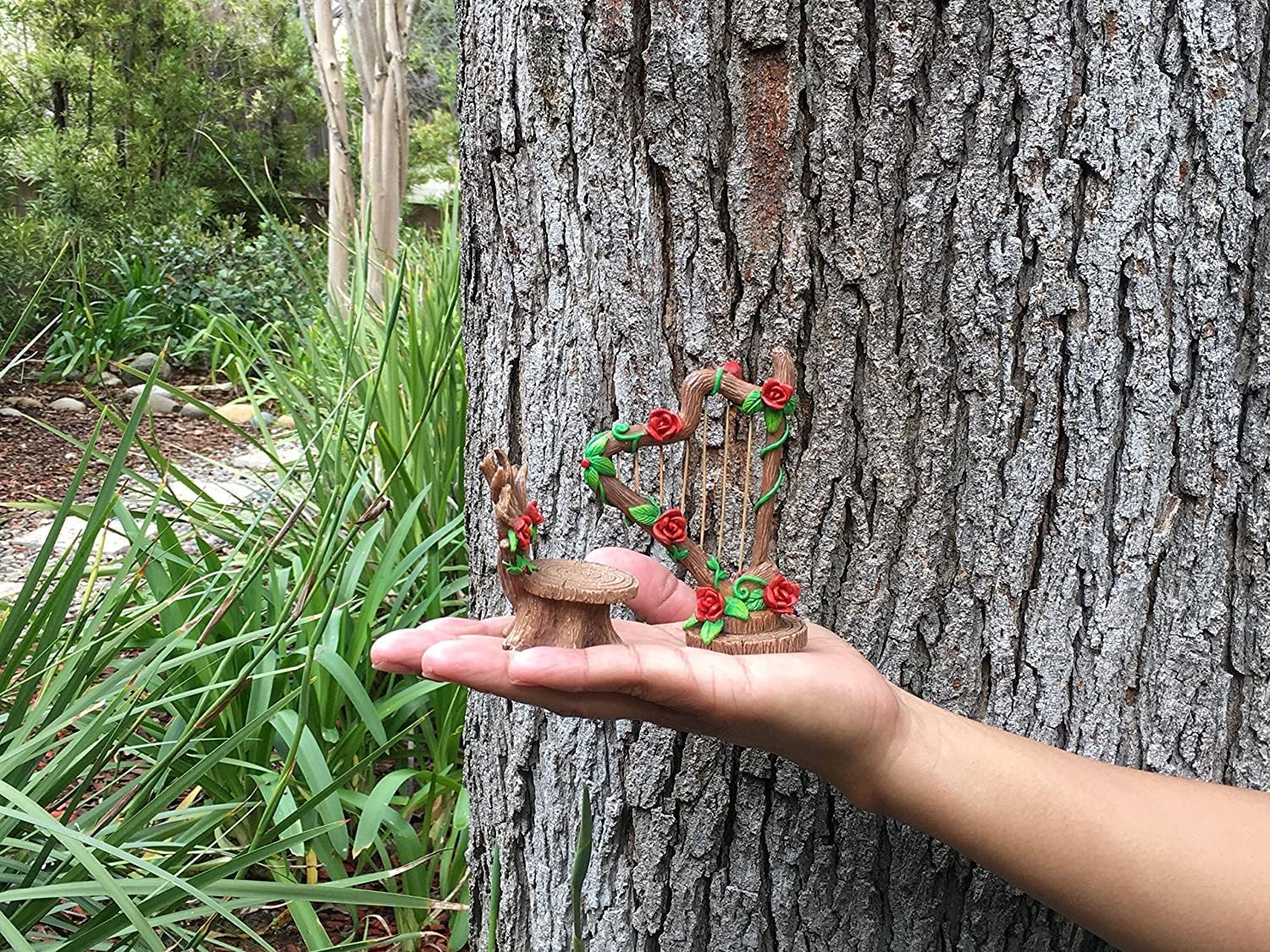 GlitZGlam Fairy Garden Miniature Set: Katrina The Garden Fairy & Rose Harp & Chair Set