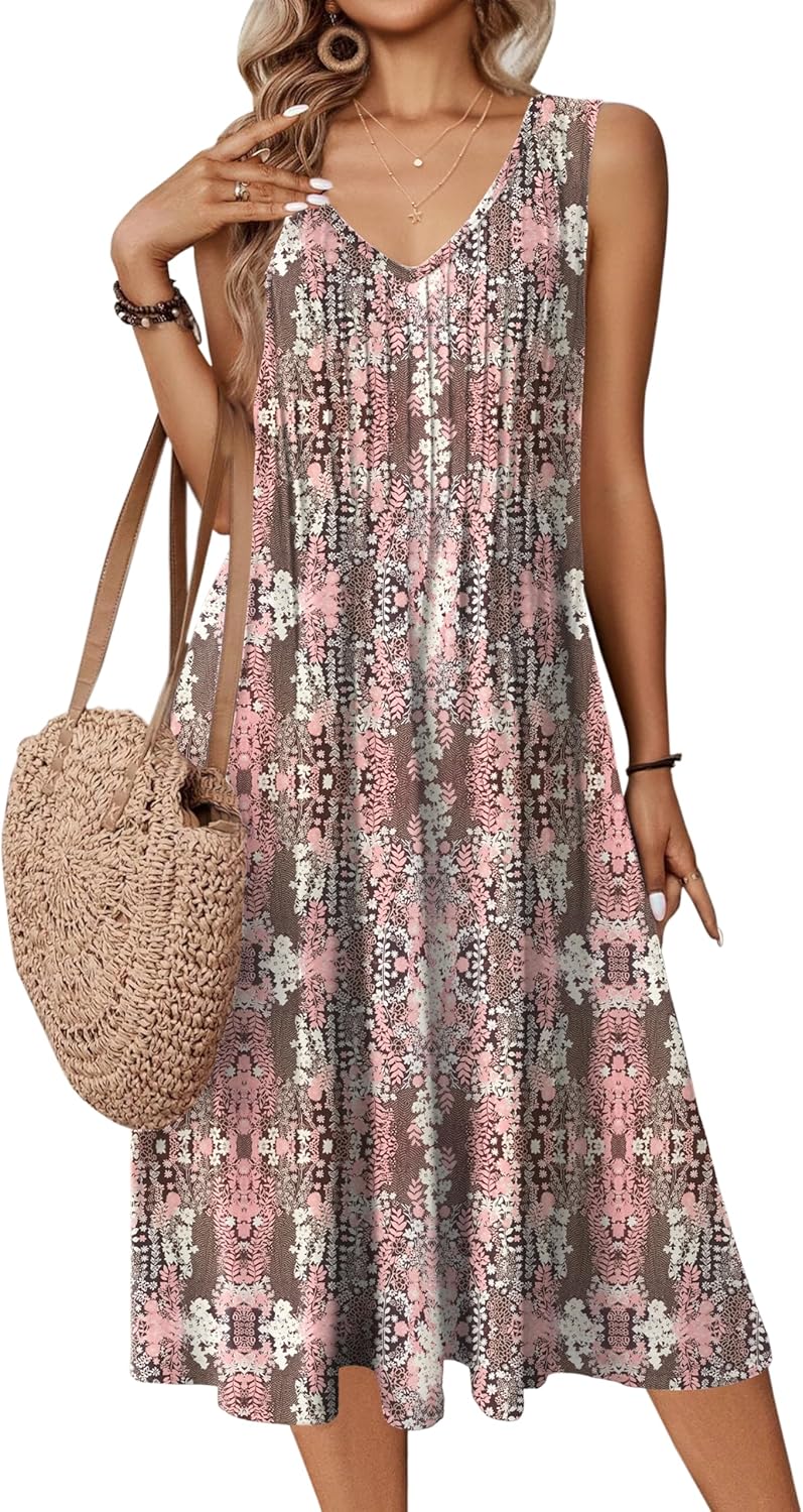 Zeagoo Women Summer Casual Dresses 2026 Sleeveless Midi Pleated Tank Sundress with Pockets V Neck A Line Swing Tshirt Dress