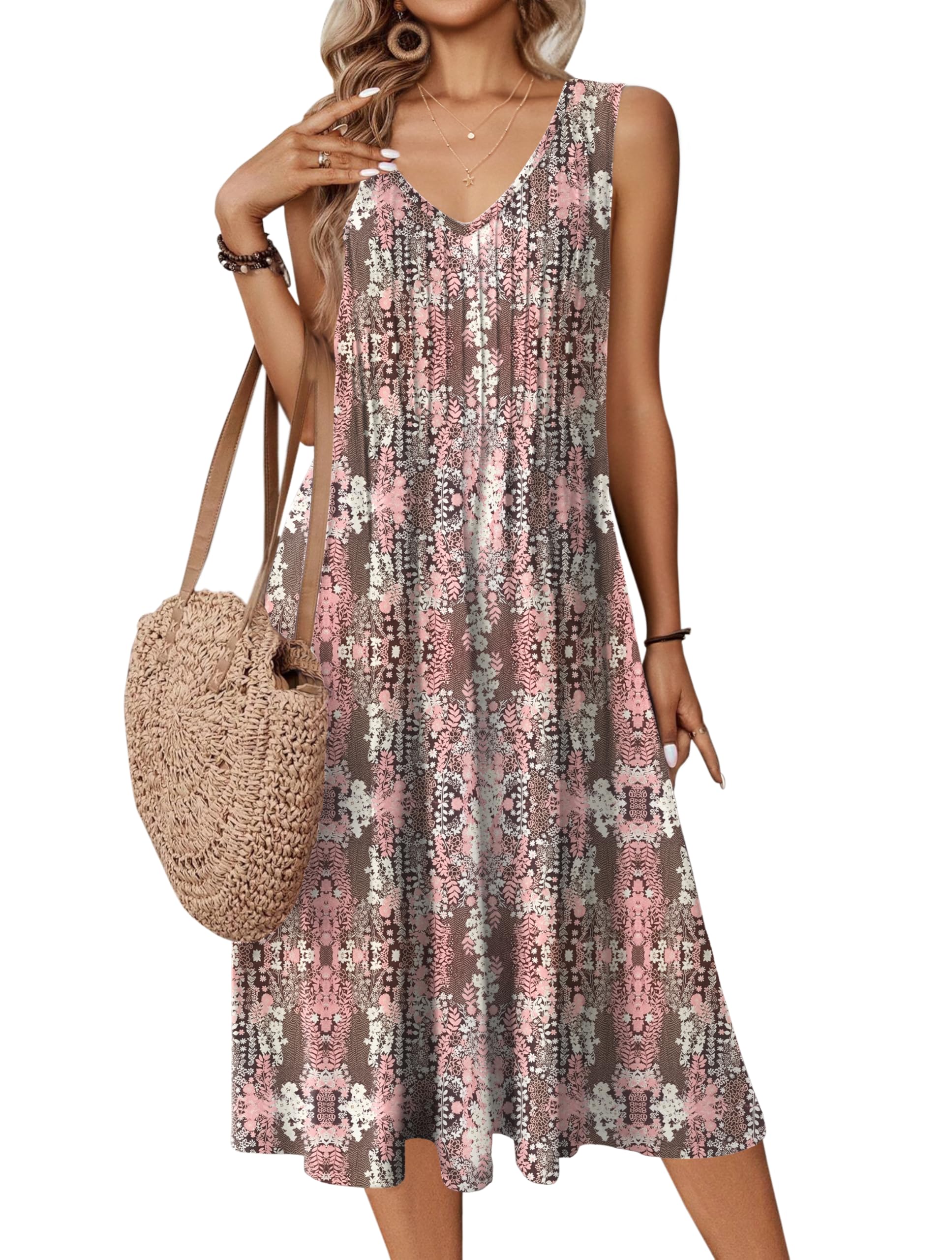 Zeagoo Women Summer Casual Dresses 2026 Sleeveless Midi Pleated Tank Sundress with Pockets V Neck A Line Swing