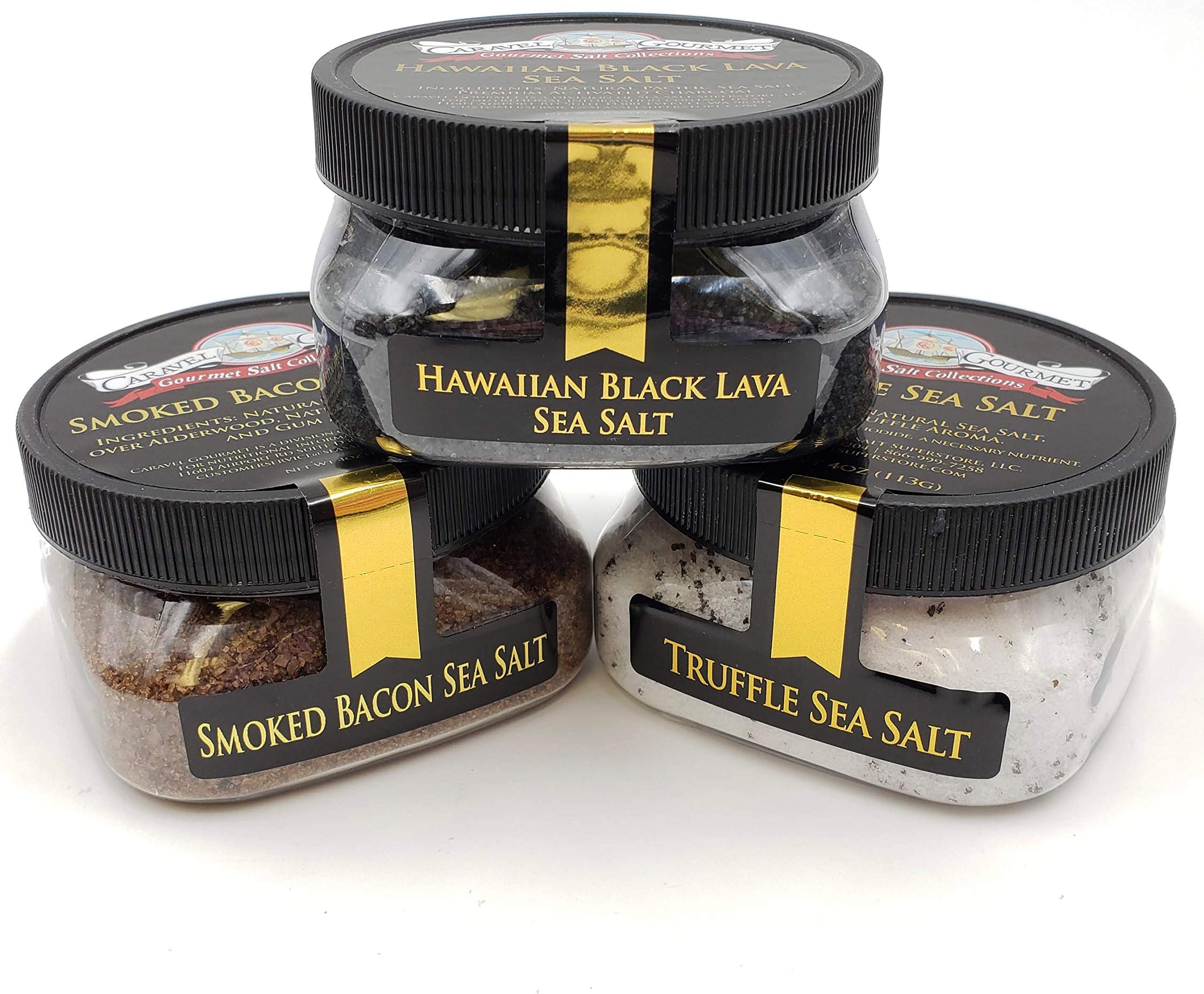 Foodie Gift Sea Salt Collection 3-Pack: Black Lava, Truffle, Smoked Bacon Fine - Fabulous Gift - Delicious, Unusual Sea Salt Infusions - Non-GMO, Gluten-Free, No MSG (12 total oz.)
