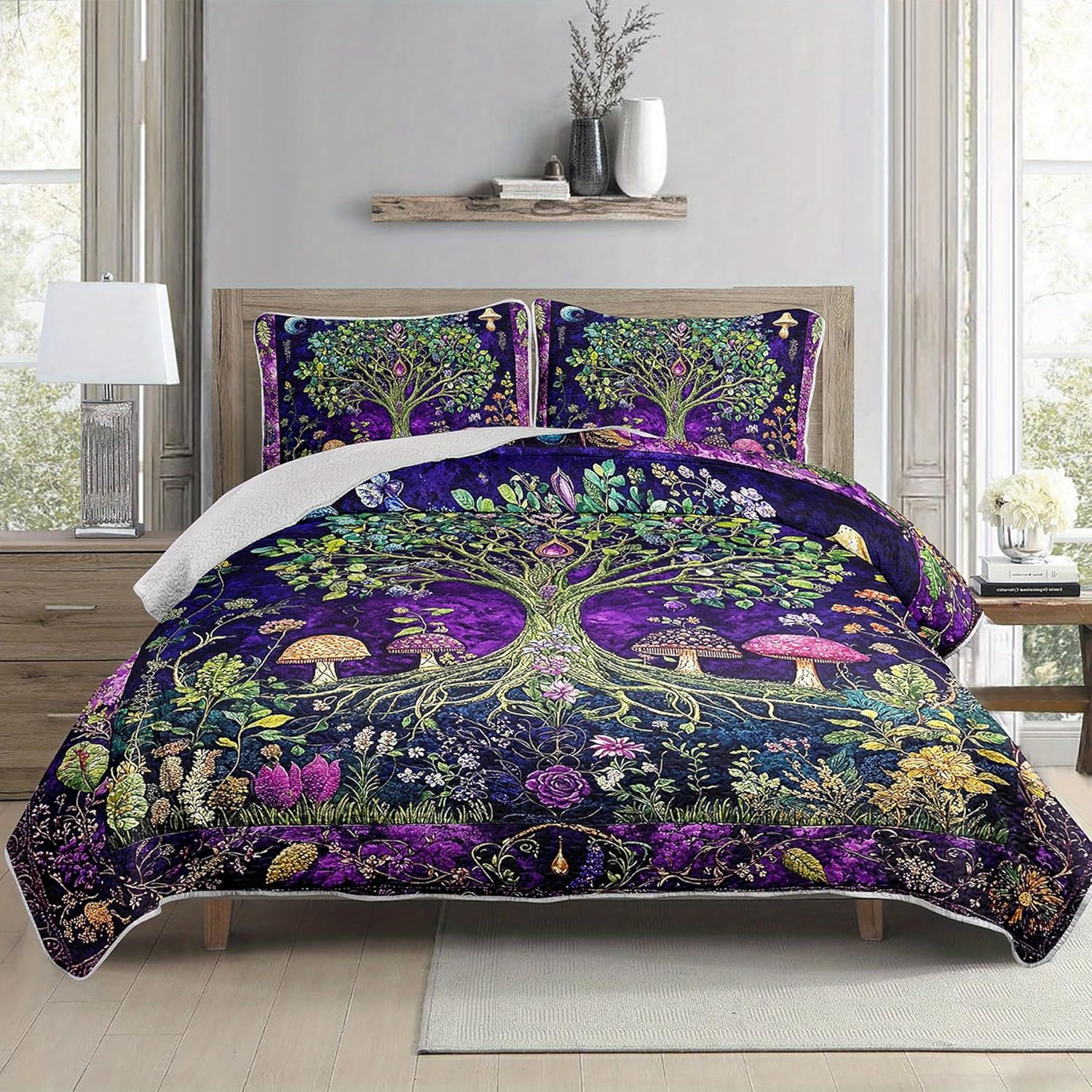 Bohemian Tree of Life Mushroom Quilt Bedding Set King Size for Girls and Kids,Green Tree Bed Cover King Size for Boys,Purple Floral Bedspread Sets Bedding Mystic Forest Bedroom Decor