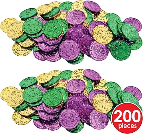 Miniatura 2 de Beistle Monedas de plástico Mardi Gras, paquete de 200, moldeadas con diseño en relieve, folletos de fiesta de caza del tesoro pirata, dinero falso