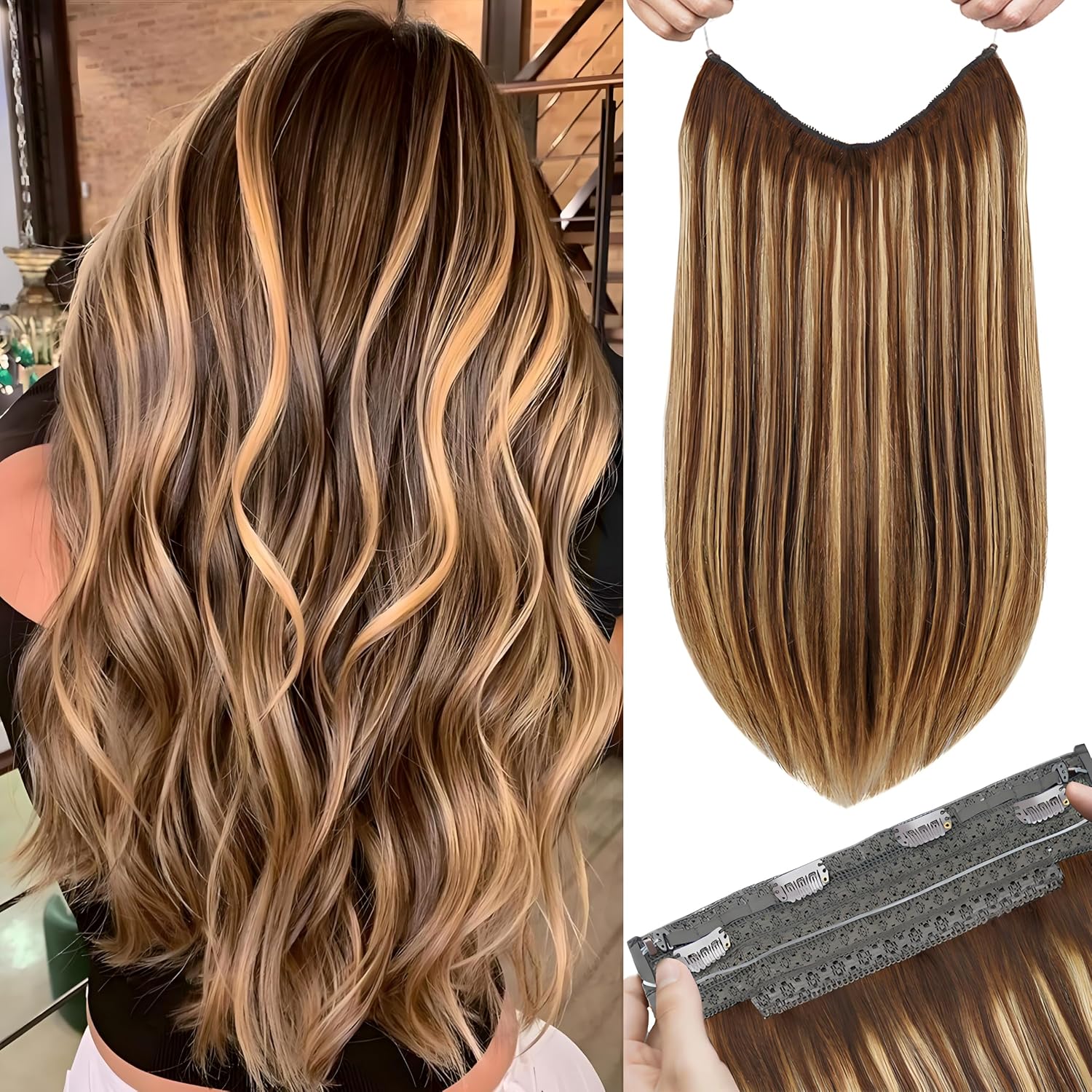 Halo Hair Extensions Real Human Hair 16 Inch Invisble Wire Hair Extensions 95G Chocolate Brown Ombre Caramel Blonde Clip in Human Hair Extensions with Adjustable Transparent Fish Line