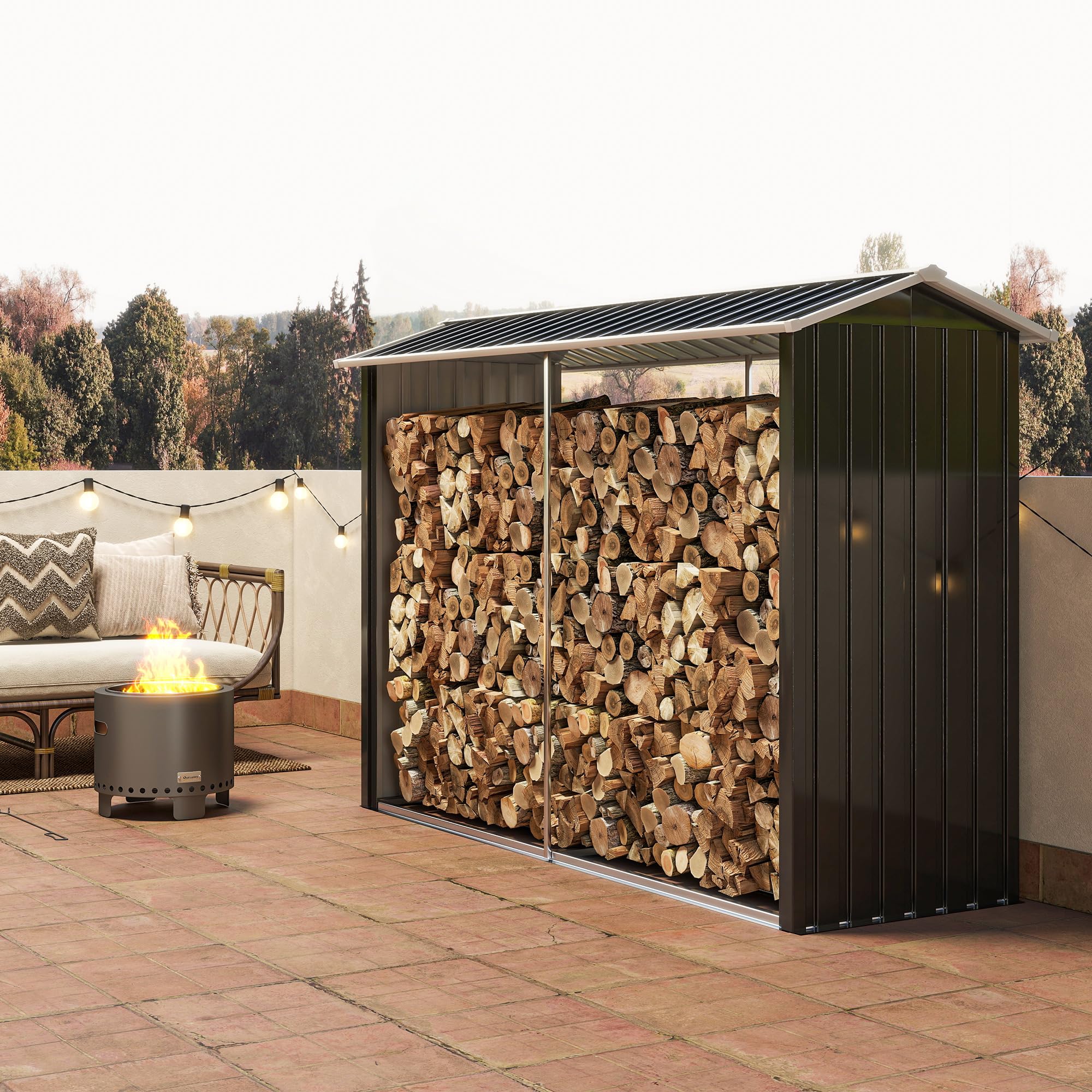 Outsunny Portalegna da Esterno Acciaio Galvanizzato 240x86x160cm Nero con Base Rialzata e Tetto Inclinato