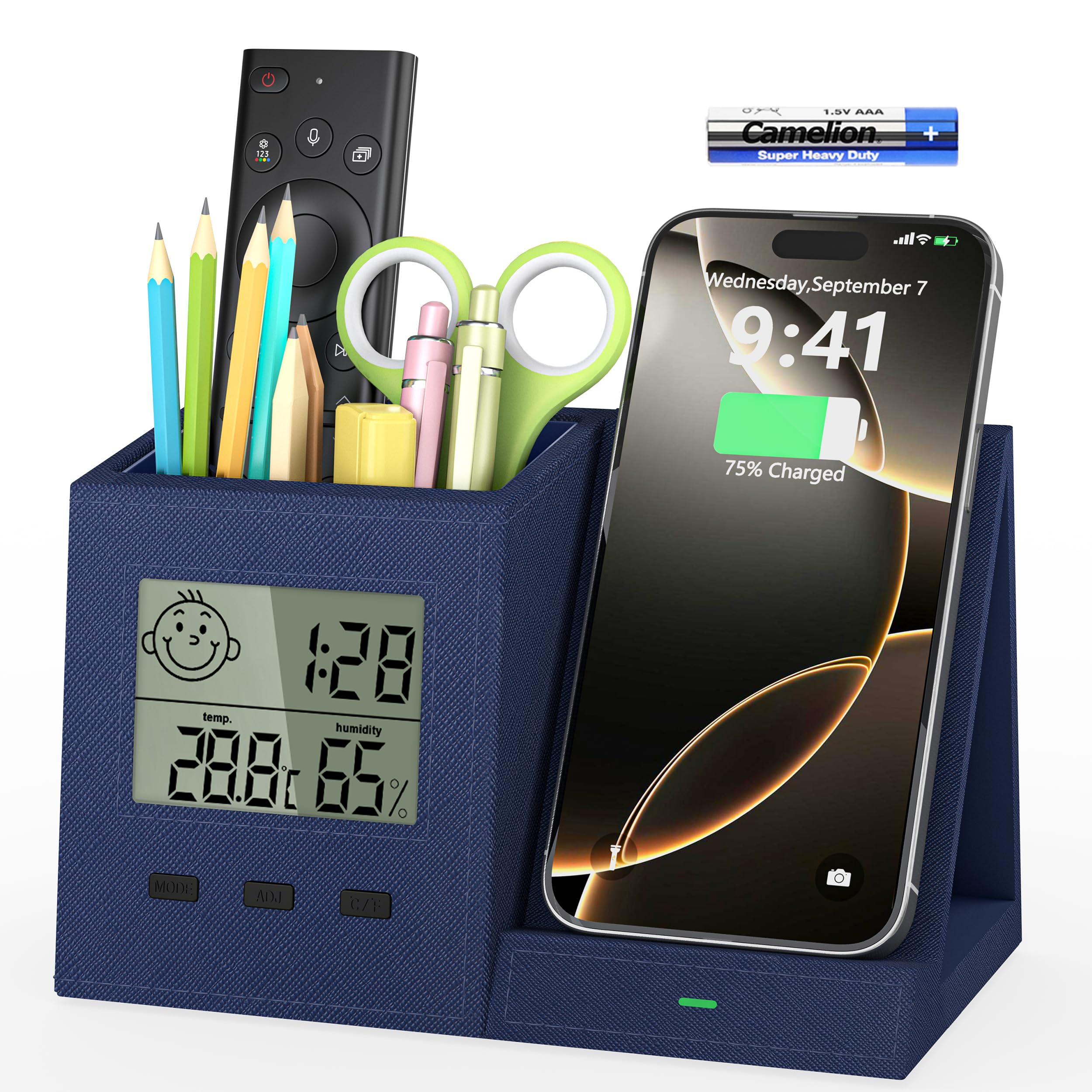 Organizer da scrivania con caricabatterie wireless, orologio digitale, termometro e igrometro, portapenne, multifunzione, accessori da scrivania per casa, ufficio, uomini, donne (batteria inclusa)