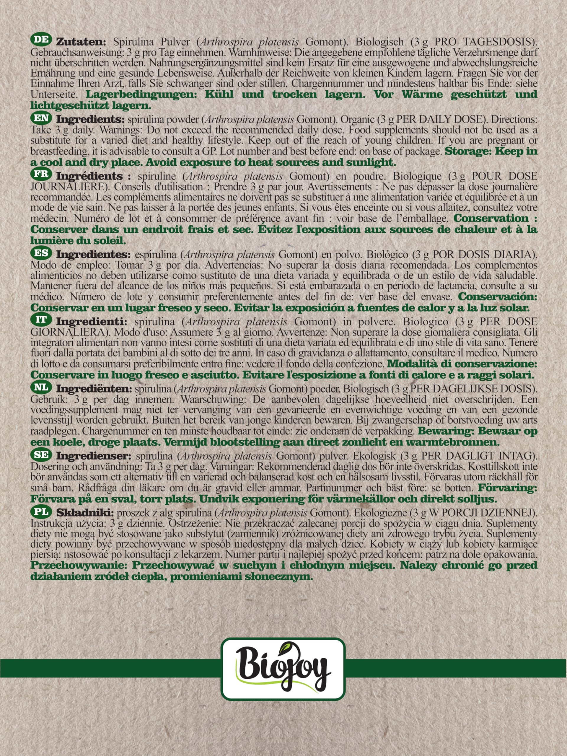 Biojoy Spirulina (Alga) Biologica in Polvere (1 kg), Pura e Senza Additivi (Arthrospira platensis)