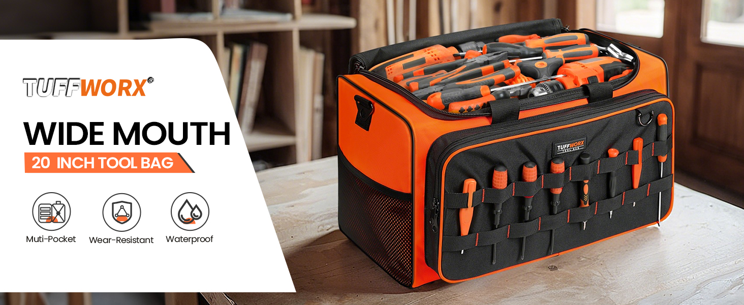 TUFFWORX Tool Bag with 14 Pockets, 49 x 30 x 27cm, Heavy Duty 600D