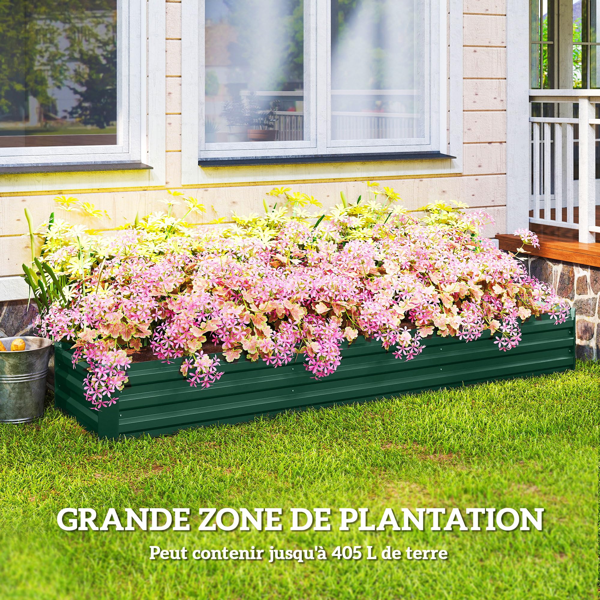 Outsunny Carré Potager Rectangulaire Acier Galvanisé 240x60x30cm Vert | Lit de Jardin Surélevé, Fond Ouvert, Jardinière avec Coins de Protection