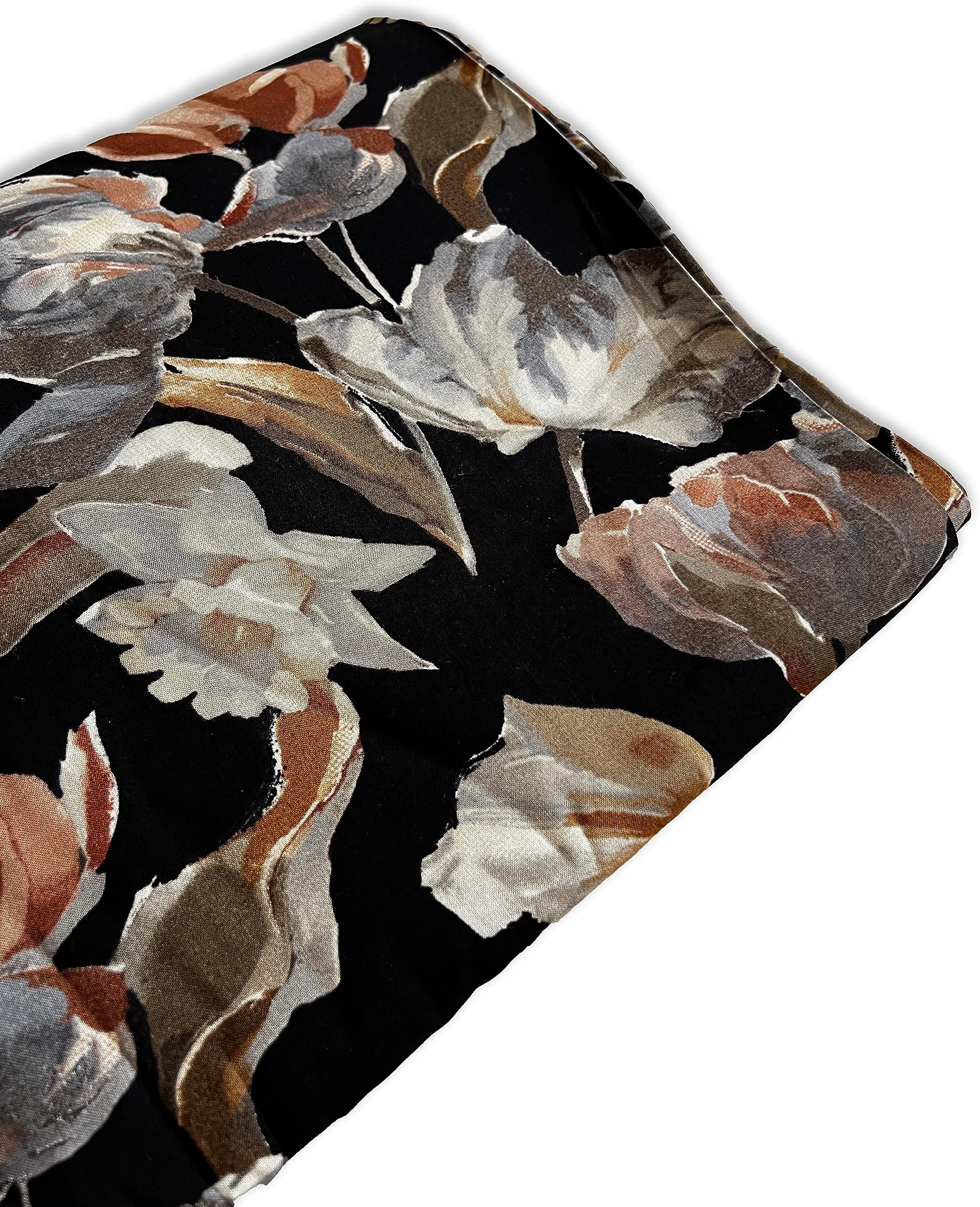 NK Textiles Leaf Print Black Colored MUL Rayon Unstitched Fabric for Kurti, Palazzo etc, 2.5 Meters, 3 Meters, 5 Meters, Premium Dress Making Material