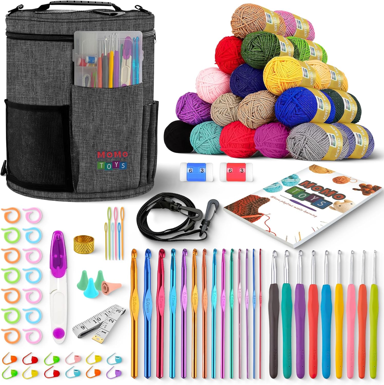 MOMOTOYS Crochet Kit for Beginners, Crochet Hook Set with Yarn Set,Crocheting Kit, 97PCS with Crochet Book and Bag, Crochet Kits for Beginners Adults, Crochet Accessories and Supplies
