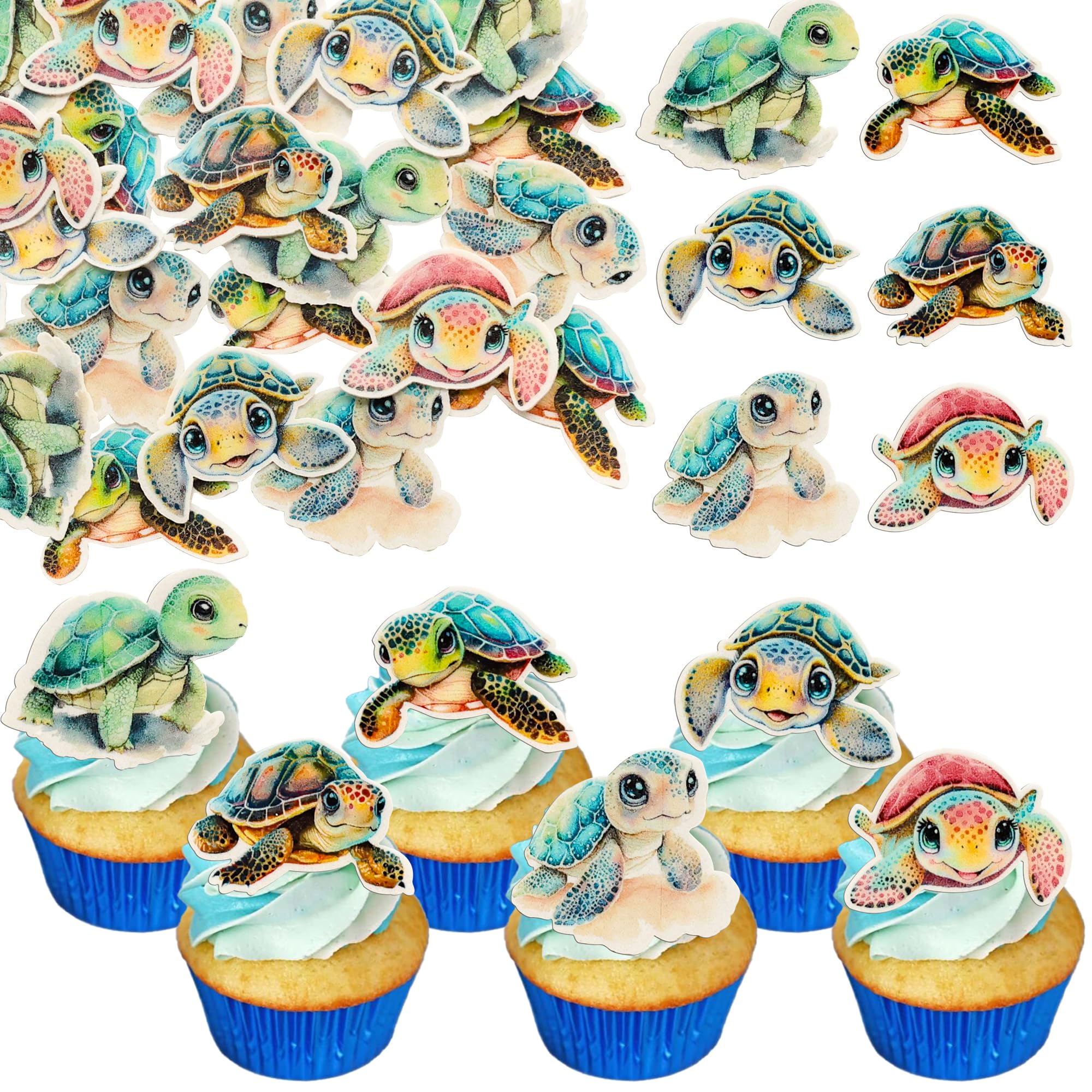 Ephlyn 54Pcs Edible Turtle Cupcake Toppers Wafer Paper Turtle Birthday Cake Decorations Sea Turtle Cupcake Picks for Sea Animals Theme Baby Shower
