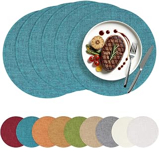 homing Faux Cotton Linen 15 Inch Round Cloth Place mats, Set of 6, Teal
