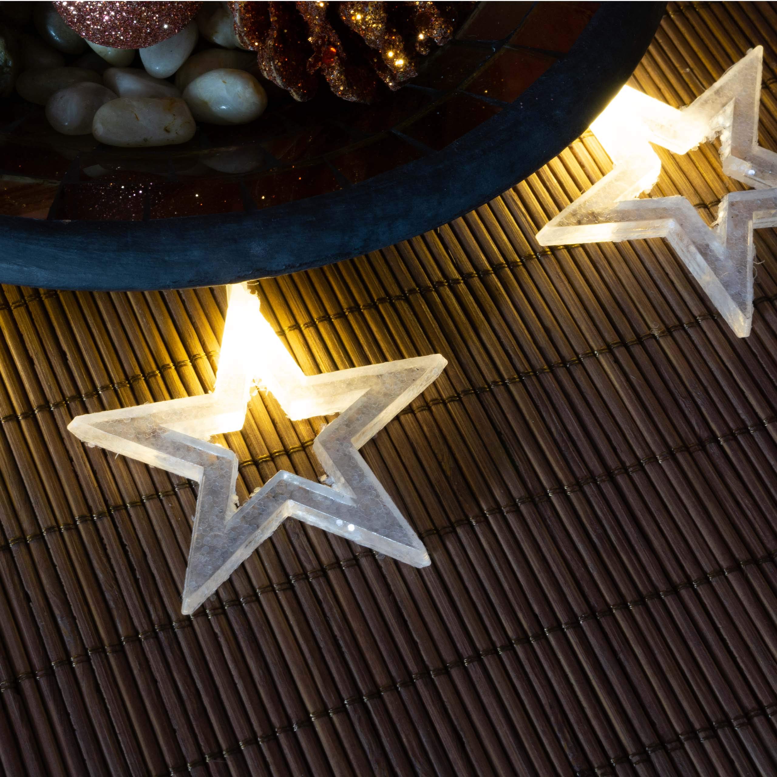 20 LED Lichterkette Glitzer-Sterne Winter Weihnachten – Beleuchtung zur Dekoration im Wohnbereich – warm-weiß batteriebetrieben Ø 6,5 cm