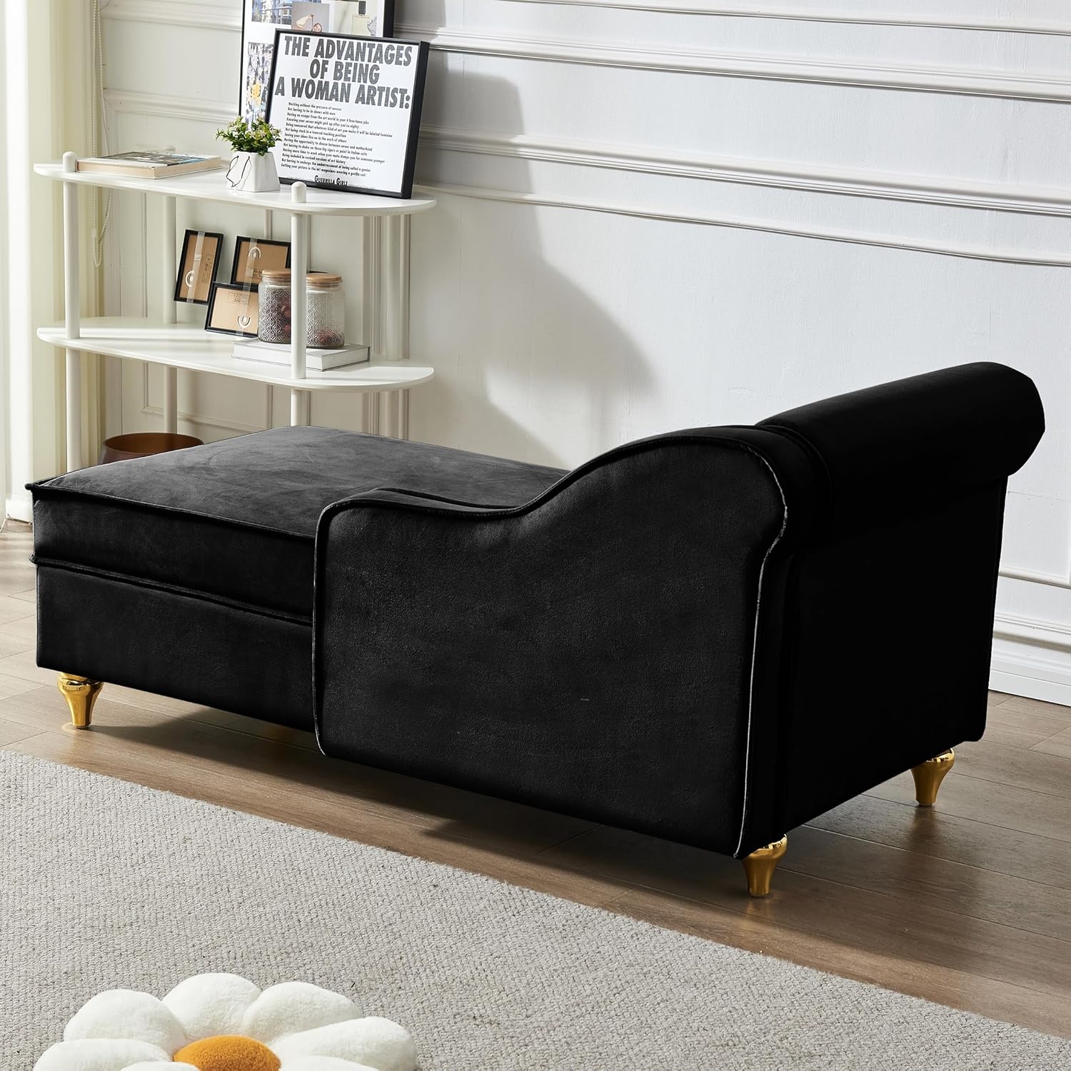 Velvet Chaise Lounge with Storage, Modern Fainting Couch for Living Room, Black Upholstered with Gold Metal Legs, Soft Velvet, Stylish, Comfortable & Functional