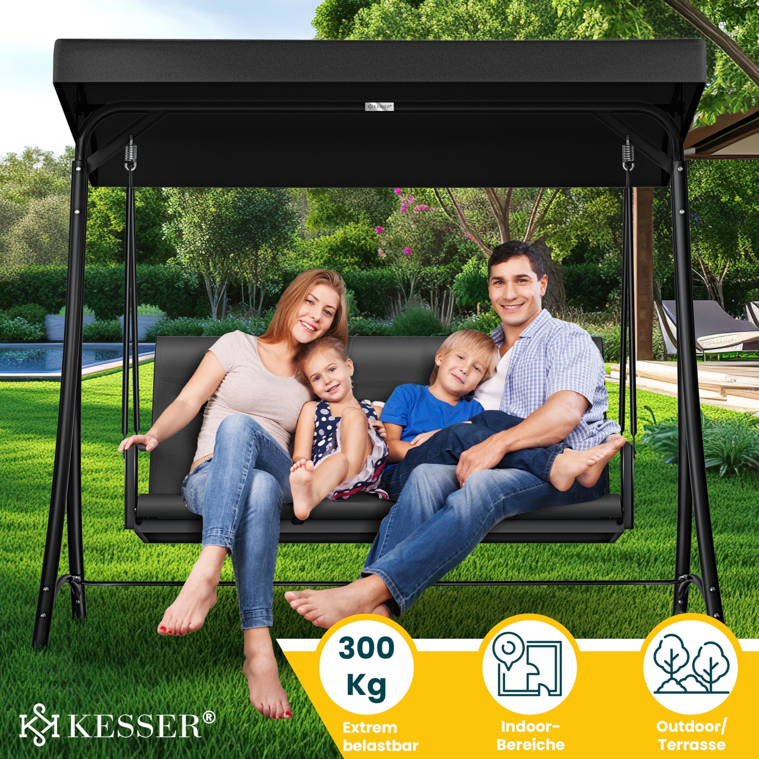KESSER® Dondolo Hollywood con tettuccio parasole, 3 posti, portata fino a 300 kg, sdraio da giardino con piedini antiscivolo, panca a dondolo impermeabile per esterni e interni (nero)