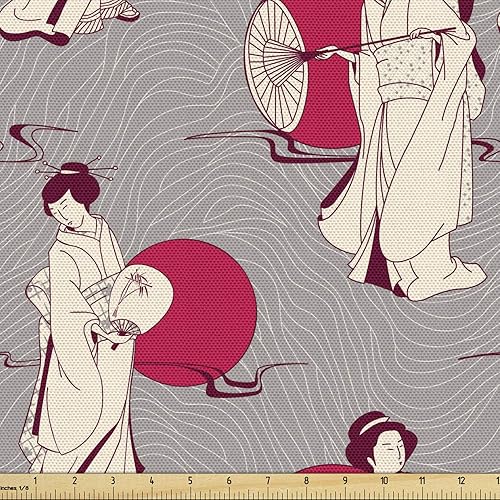 Lunarable - Tela japonesa por yarda, Geishas con paraguas de papel y abanico en un fondo en escala de grises, tela decorativa para tapicería y Beige