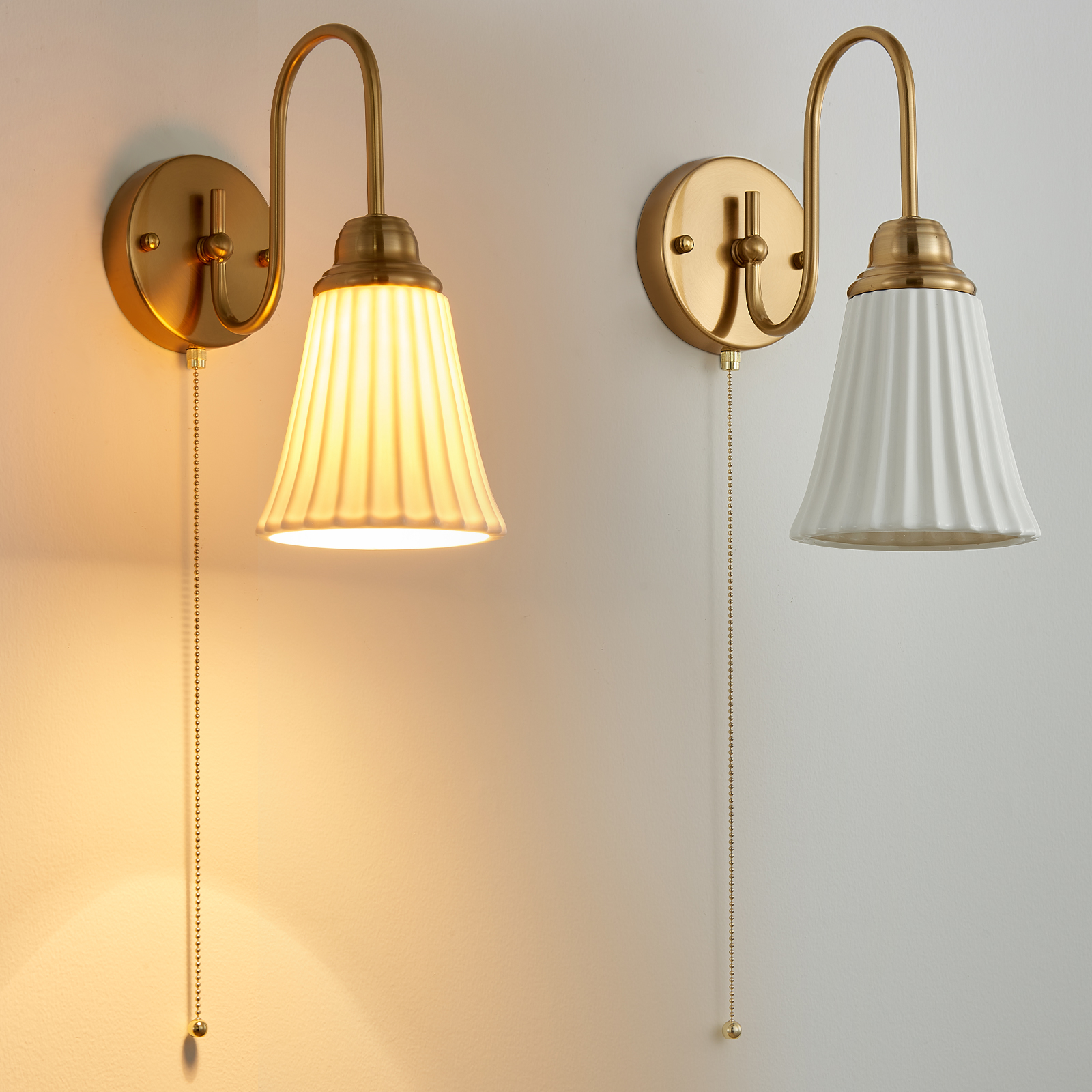 Image of Hardwired Wall Sconces Wall Lighting Set of 2, Modern Ceramic Gold Wall Sconce Light with Pull Chain Switch, Indoor Bedside Wall Lamp Light Fixture for Living Room Bedroom Kitchen Home Office Hallway
