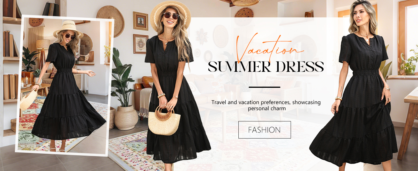 RUMIA Summer Dresses for Women Casual V Neck Midi Maxi Dress with
