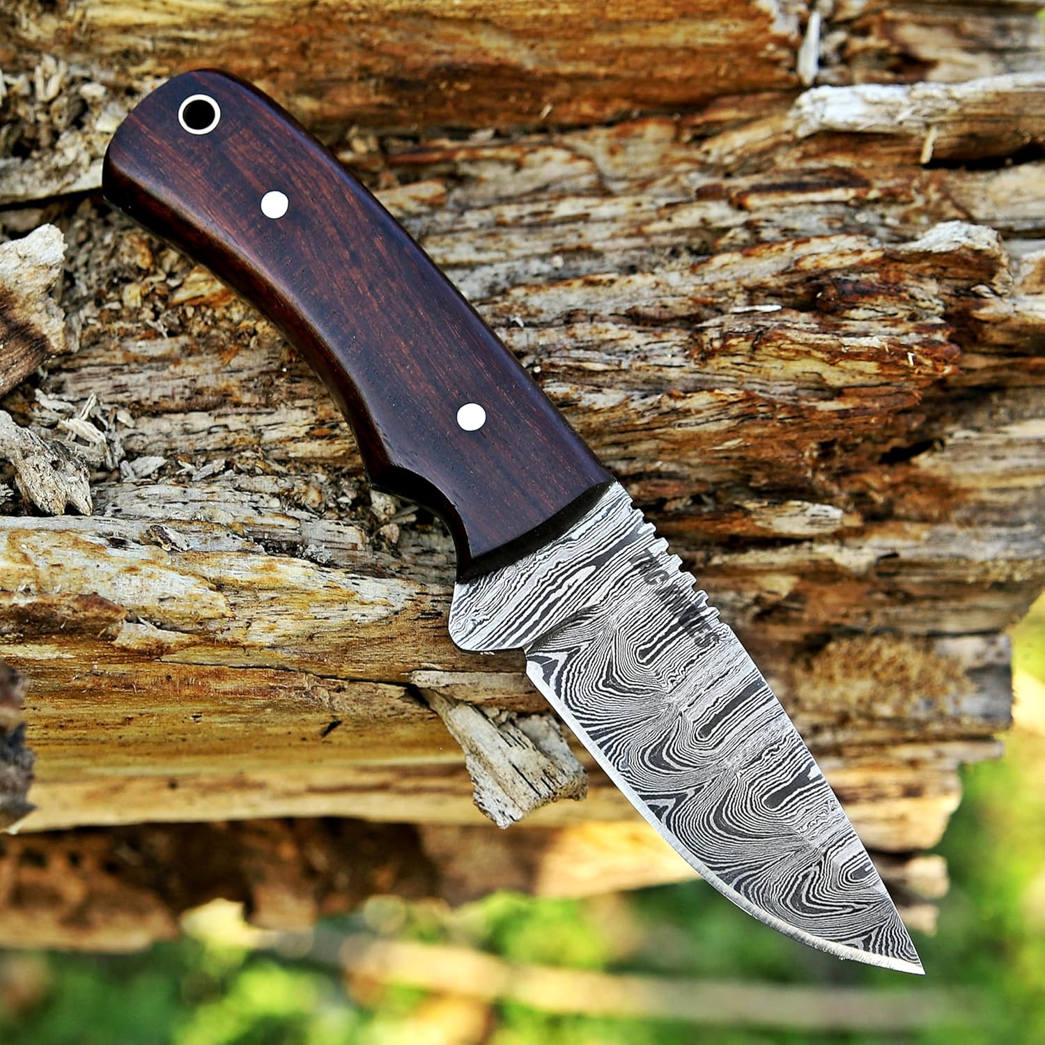 TAC KNIVES 7'' Full Tang Fixed Blade Outdoor Camping Hunting Knife In Sheath Gift For Him Damascus Steel SKINNER Knife Gift Cowboy knives Pancake leather sheath (WOOD 11)
