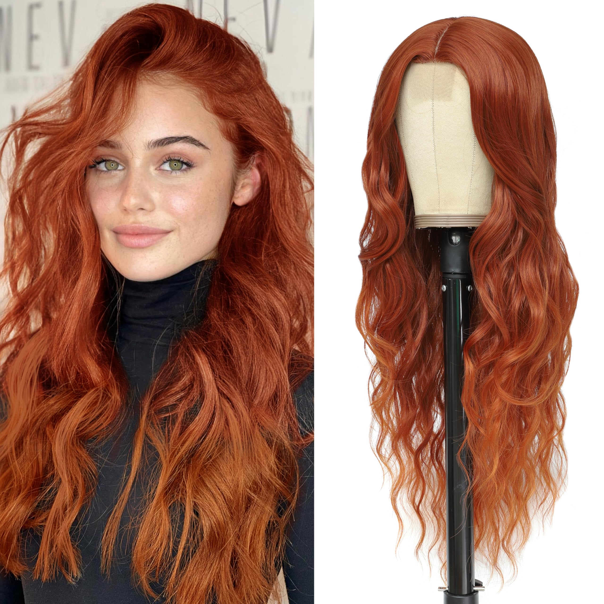BUPPLER Cosplay Long Copper Wig 26 Inch Middle Part Synthetic Wig Realistic Gifts Party Wigs for Women Daily Use Colorful Wigs (Copper)