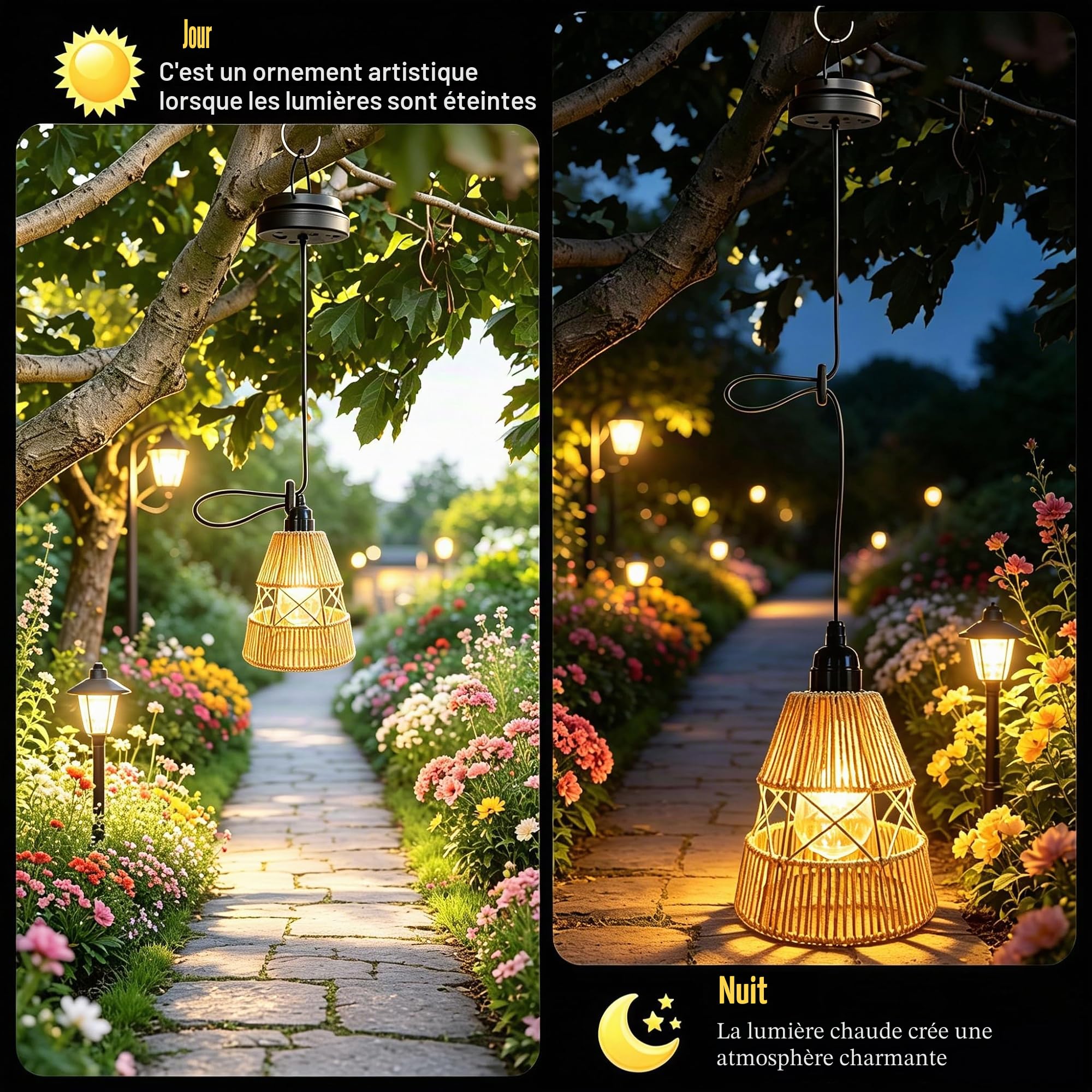 Lanterne Solaire Extérieur 2 Pièces, Lampe Solaire Suspendue Tressée Boho en Chanvre Étanche, Décoration Jardin