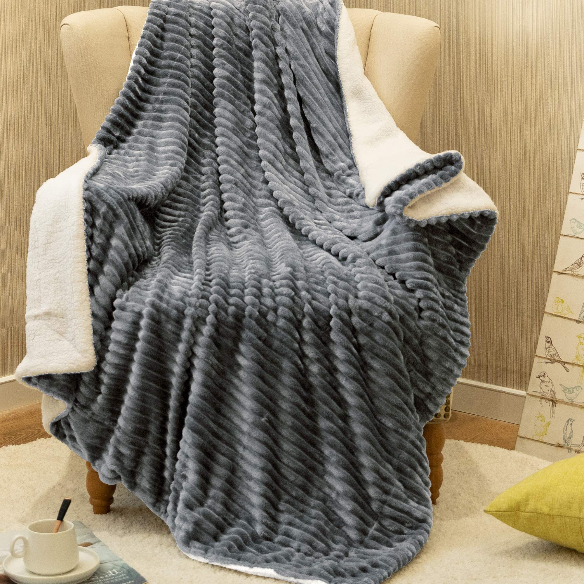 jinchan Flannel Blanket Grey Throw Blanket Sherpa Blanket for Couch Bed Plush Blanket Throw Fuzzy Blanket Gray Stripe Throw Soft Spring Throw Blanket Gifts Kids Girls Women 50x60 Inch