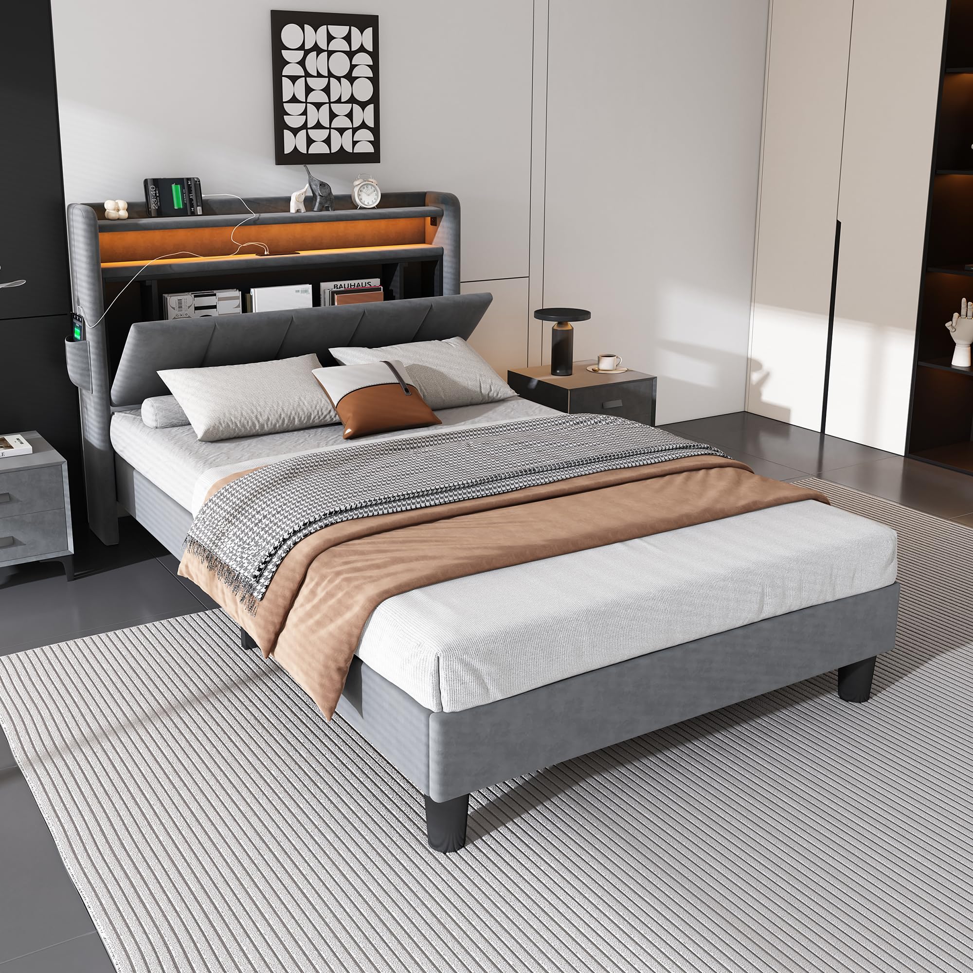 Merax 3FT Single Bed Frame, Upholstered Storage Bed, Lower flap door storage, With LED light strip, 3 USB port+1 Type C, For adults & teenagers, Grey/Velvet, 90x190 cm โ image 1