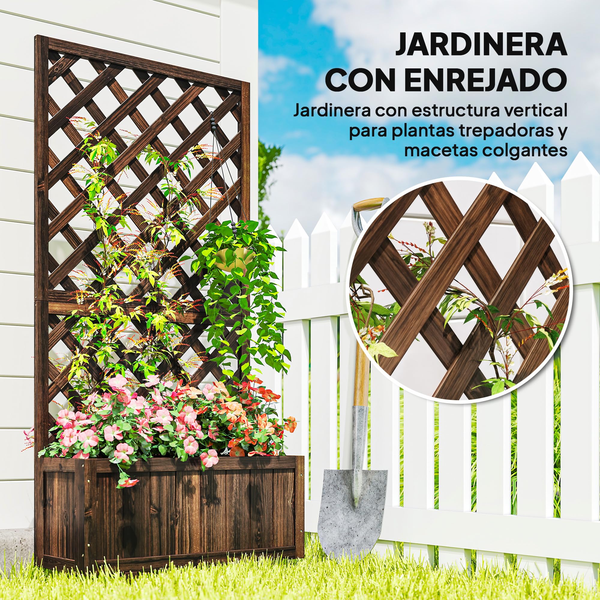 Outsunny Jardinera con Enrejado de Madera Maciza Macetero de Jardín con Soporte para Trepadora para Cultivo de Plantas Flores en Exterior 72,5x31,5x149,5 cm Carbonizado