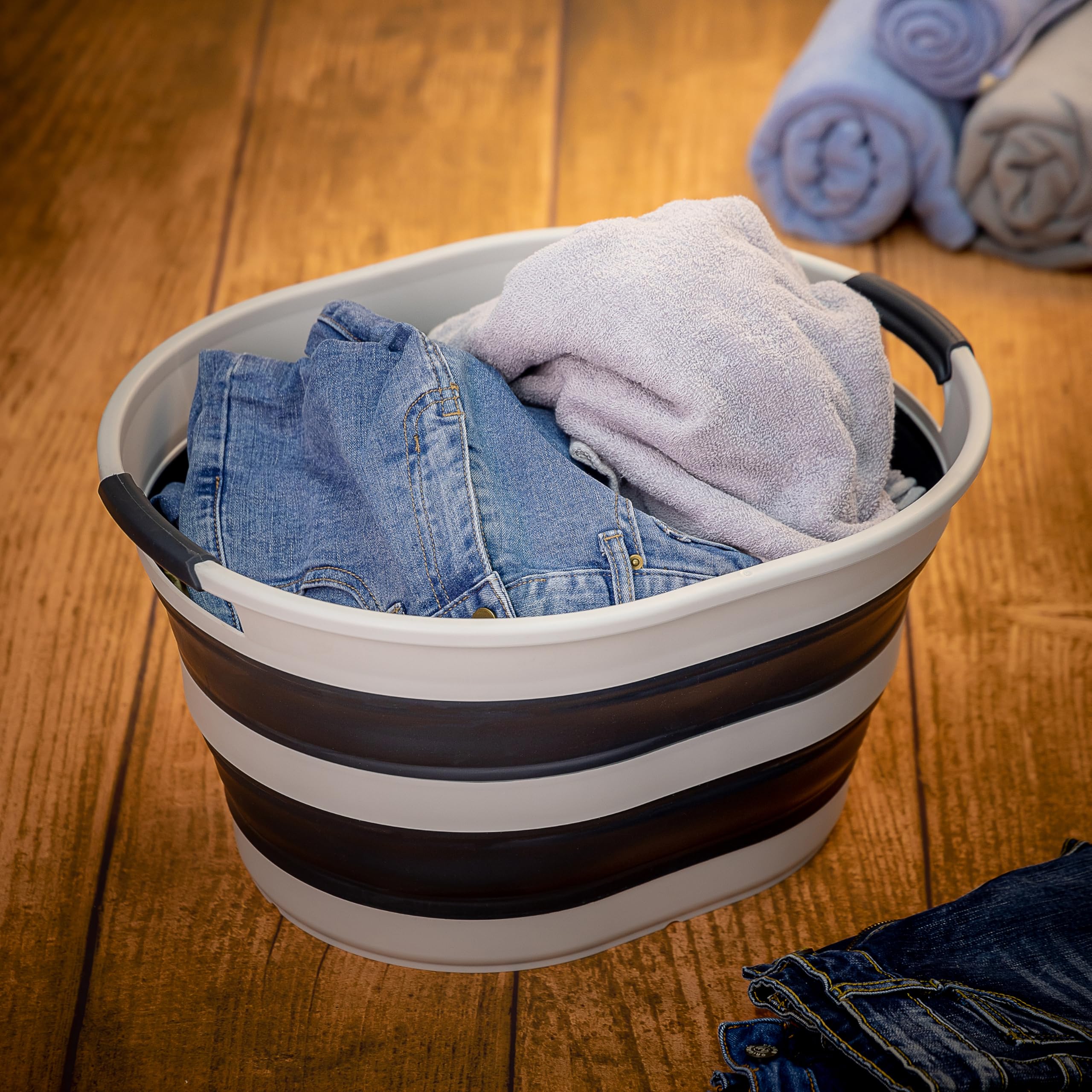 SAMMART - Panier à linge pliable en plastique de 23 l - Baignoire/panier ovale - Conteneur de rangement pliable - Bac à linge portable - Panier à linge peu encombrant (1, gris/gris ardoise)