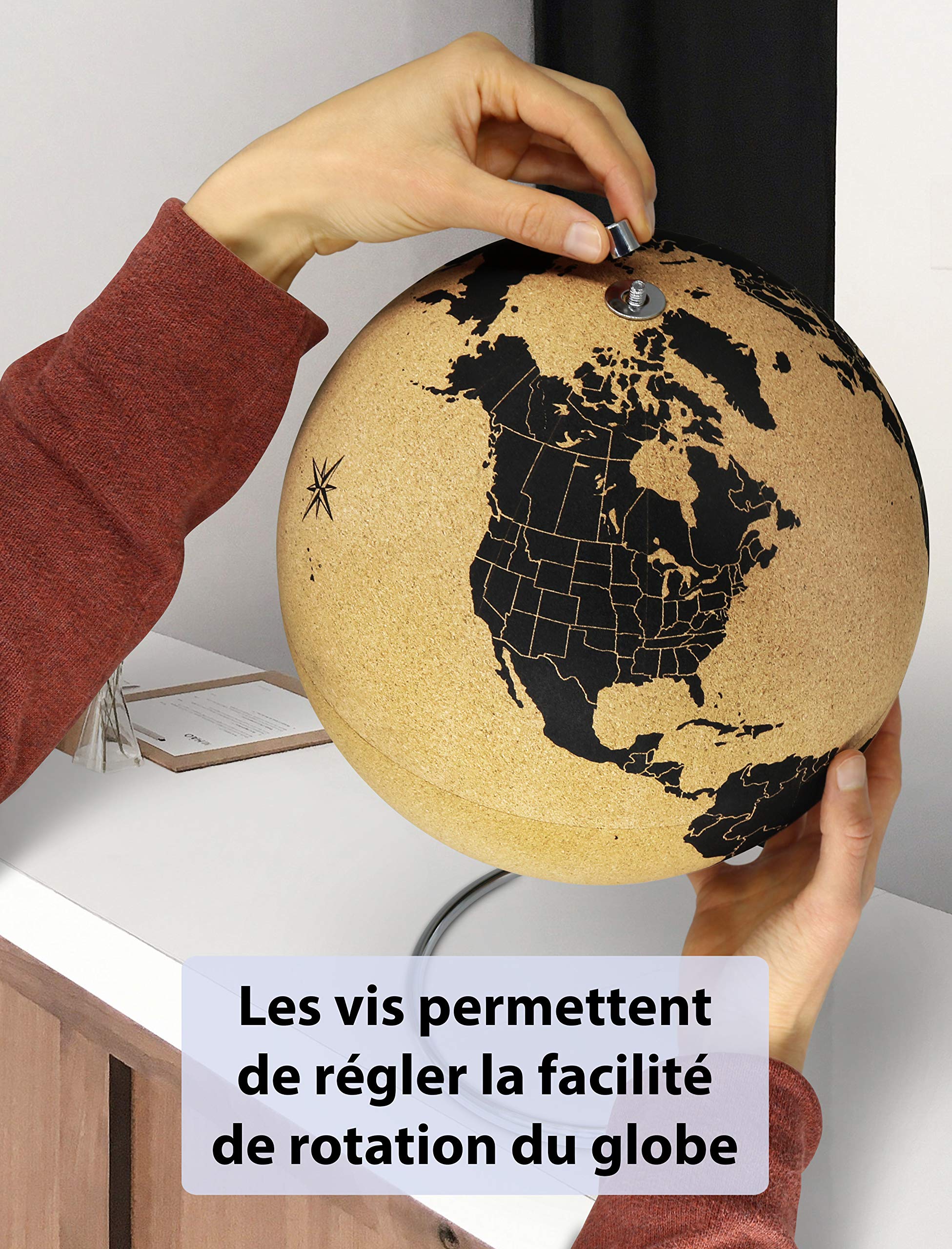 FeinKnick Grand Globe en liège, 33 cm, 54 épingles - Globe Rotatif