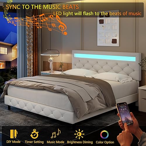 Miniatura 6 de TTVIEW Base de cama de tamaño matrimonial con luces LED, marco de cama de plataforma de cuero con cabecera tapizada ajustable, luces LED de control