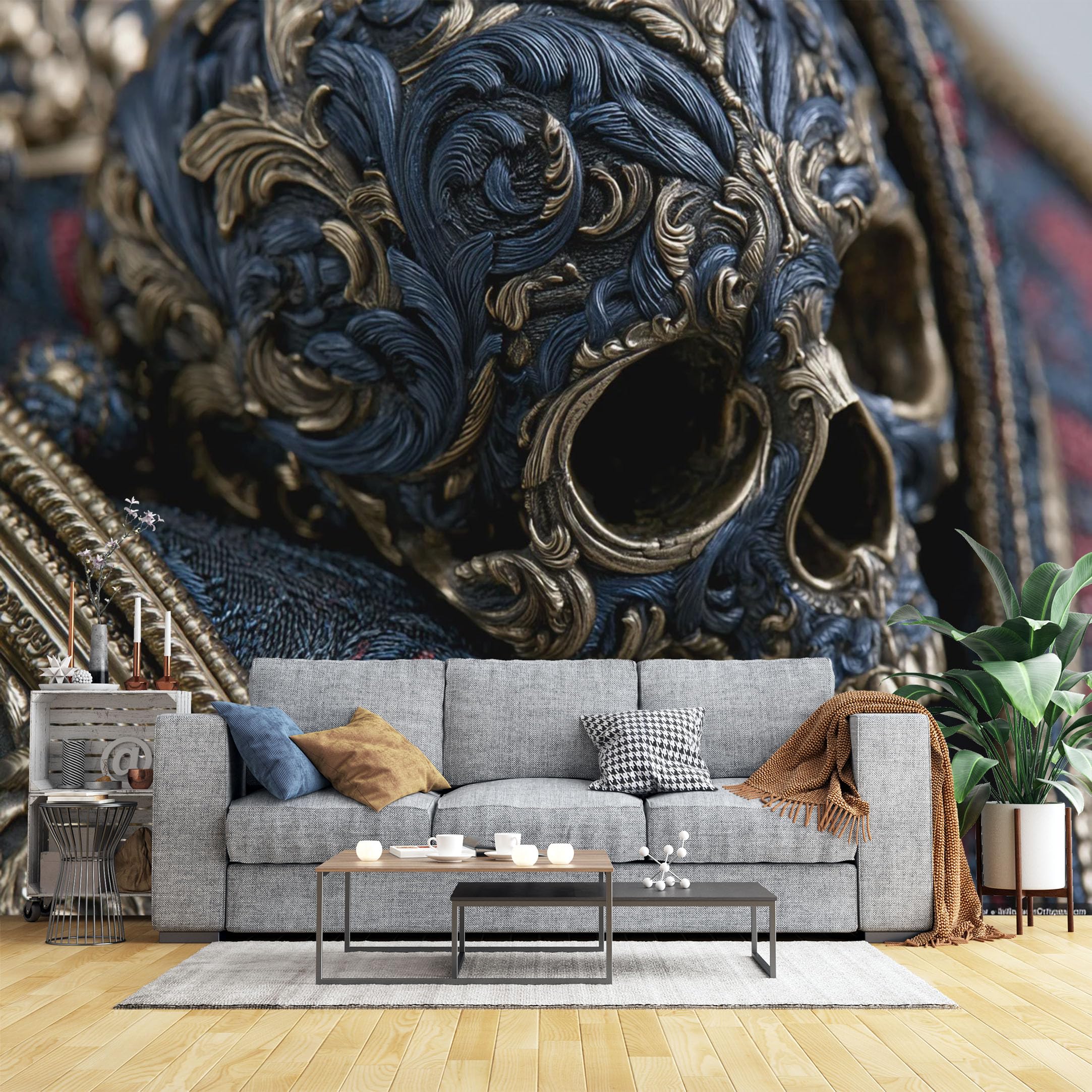 Custom Size Wall Murals Ornate Blue and Gold Skull Wall Murals Gothic Art Wallpaper, HD Self-Adhesive Removable Wallpaper for Bedroom