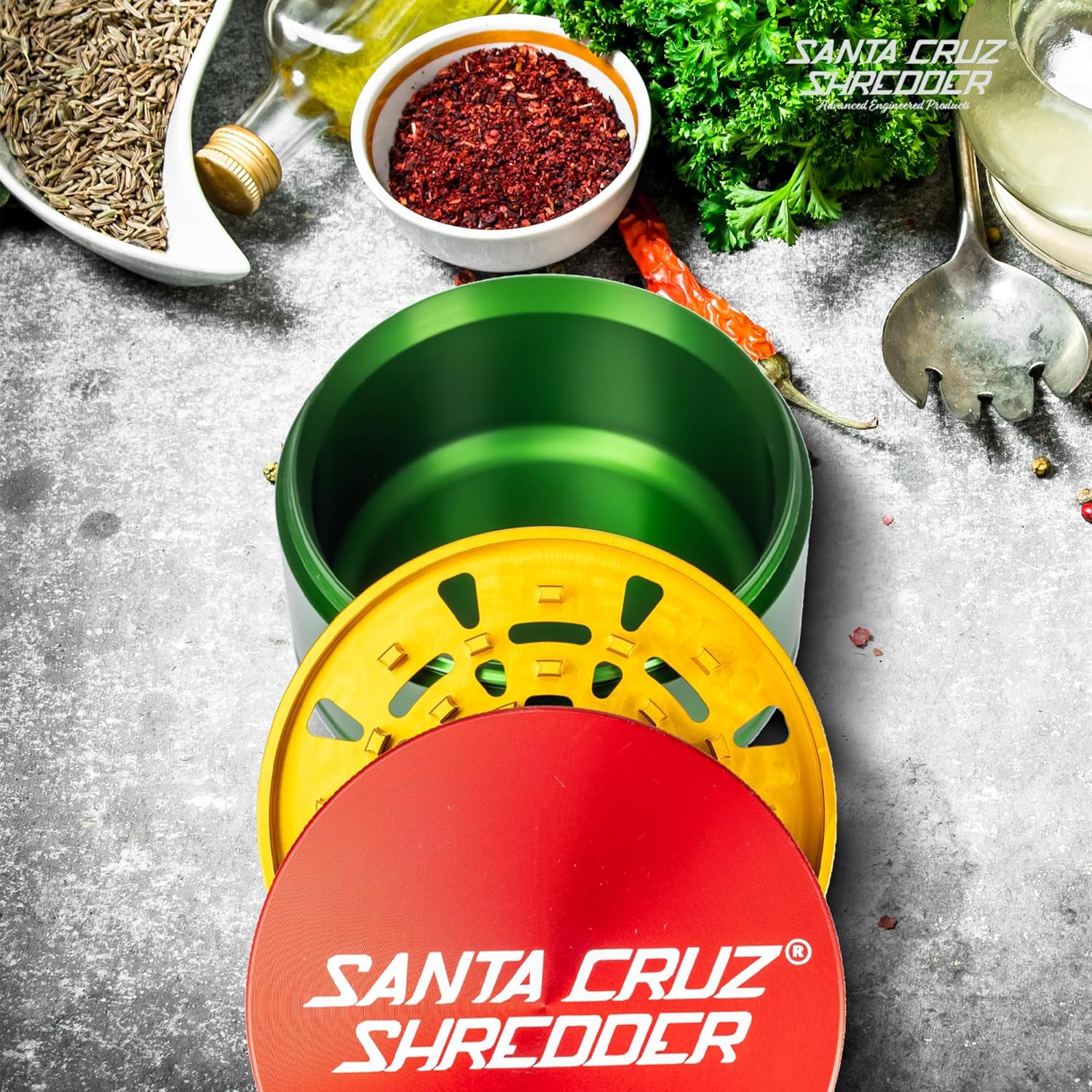 Santa Cruz Shredder Jumbo Metal Herb Grinder Knurled Top for Stronger Grip 3-Piece 4" (Rasta)