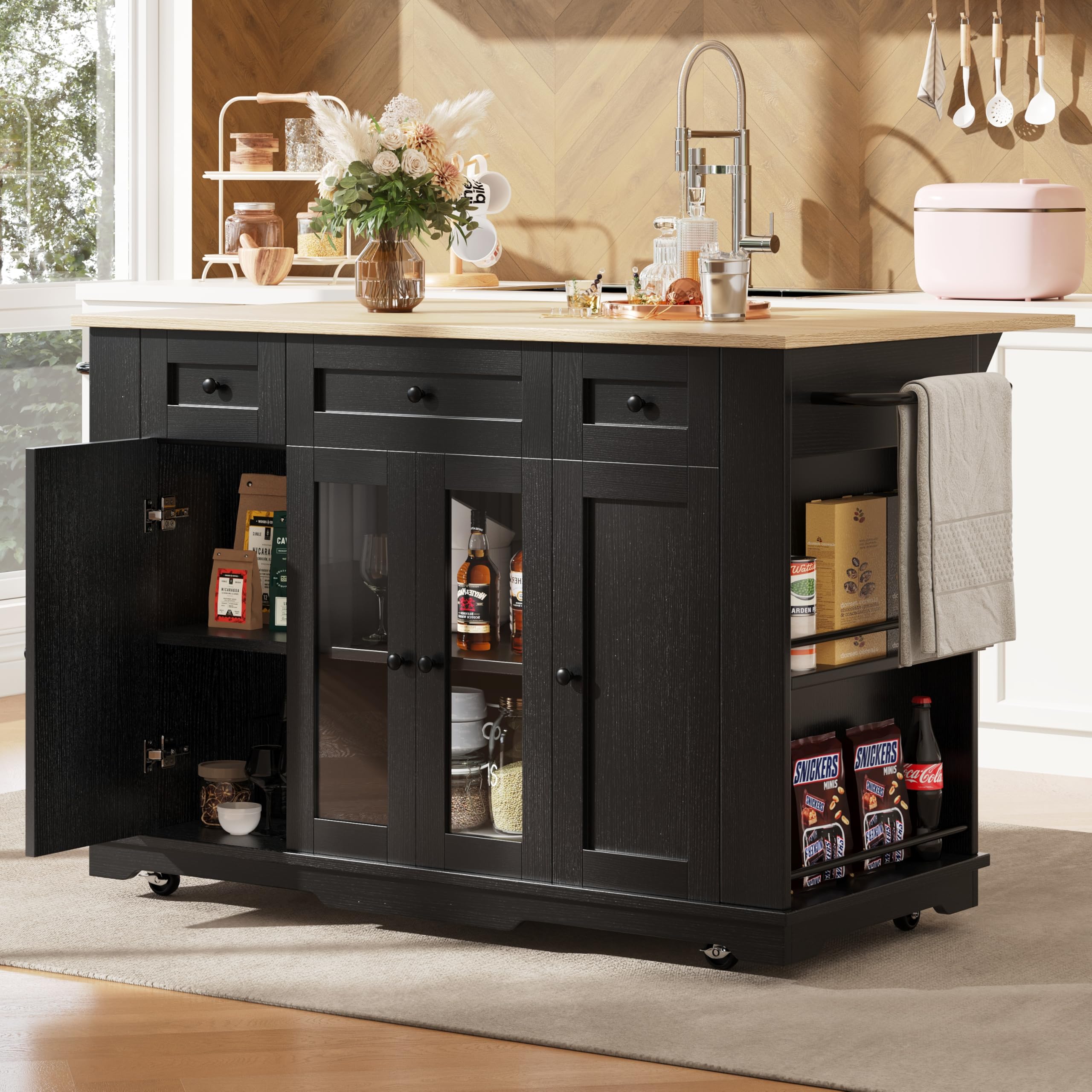 ModernLuxe Kitchen Island with Removable Partitions, Storage Cabinet with Worktop, Spicy Rack, 4 Doors & 3 Drawers, Tempered Glass Door Kitchen Trolley, Wood Grain Finish, Black, 151.5×60×91.7 cm — image 1