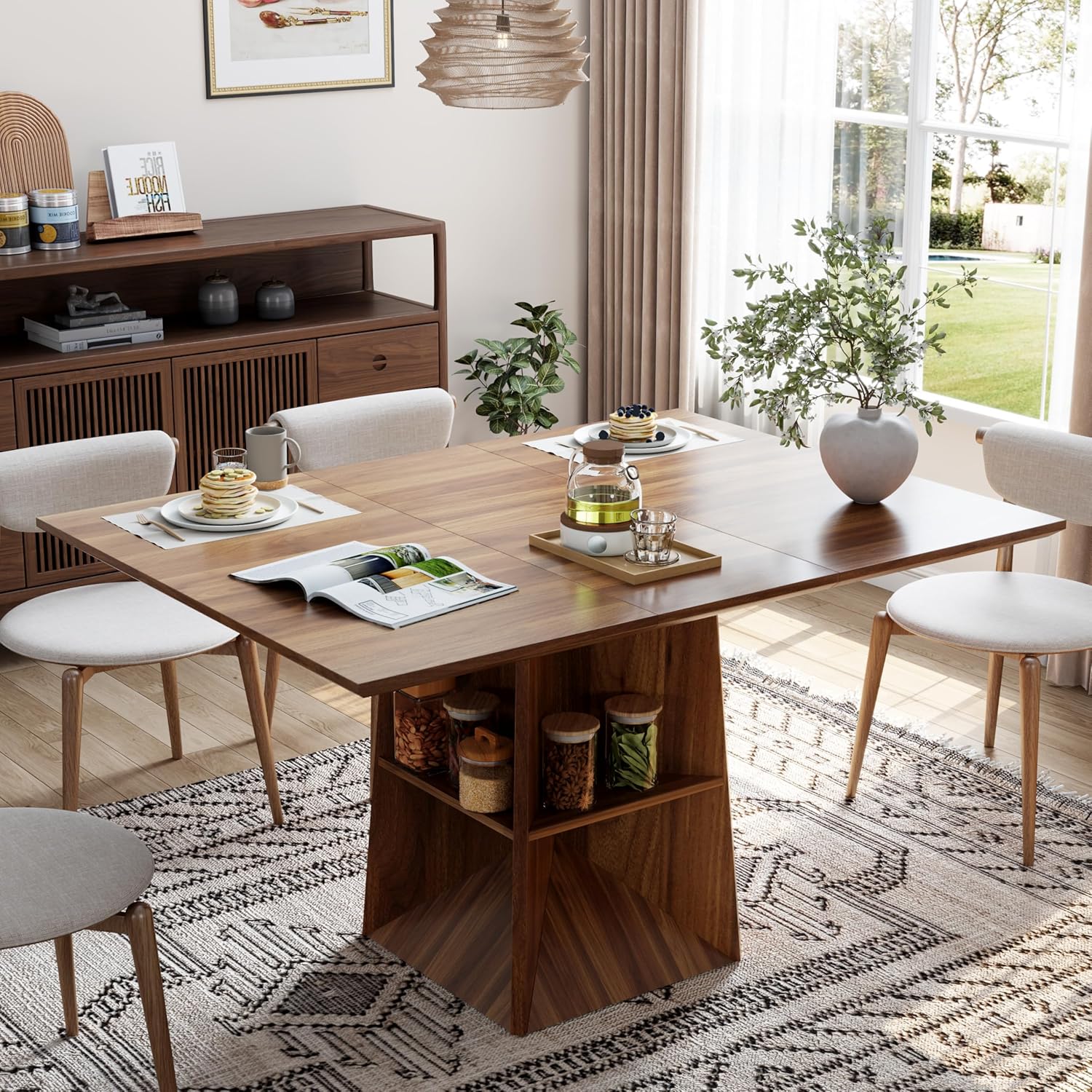 40"-54" Square Extendable Dining Table for 4/6/8, Modern Kitchen Table with Storage Shelf & Foot Support, Wood Dining Table for Living Room, Kitchen, Space Saving, Walnut