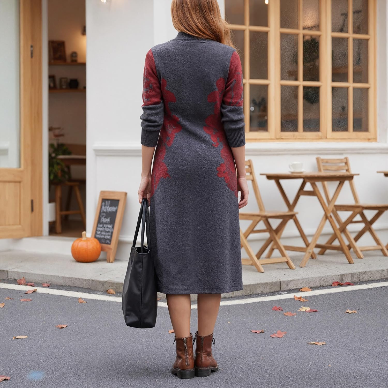 Womens Fall Winter Trendy Long Sleeve Floral Sweater Dress Casual Soft Warm Midi Length Knit Dresses for Women - Image 5